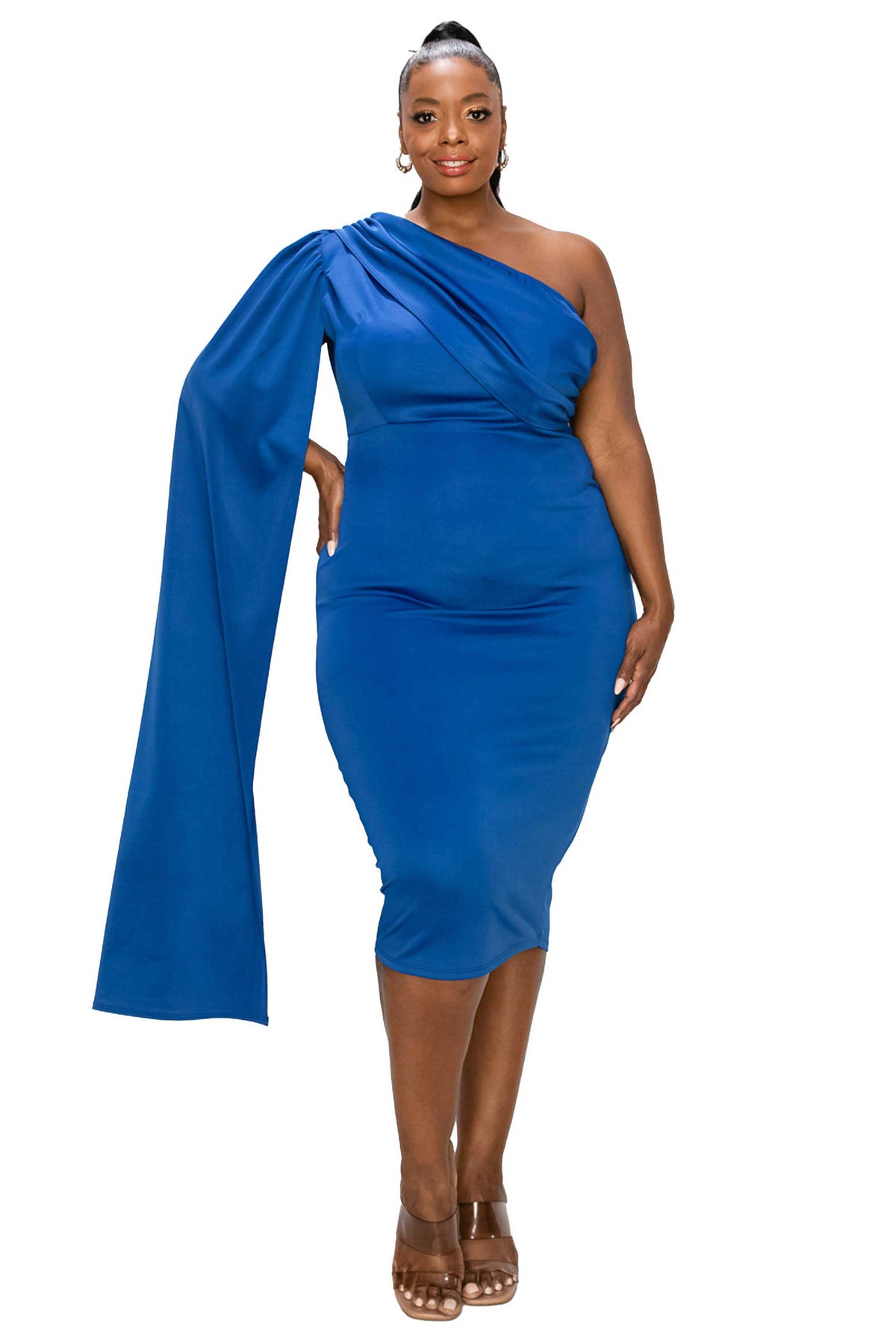 blue plus size bodycon dress. one shoulder cape sleeve, midi length. front view