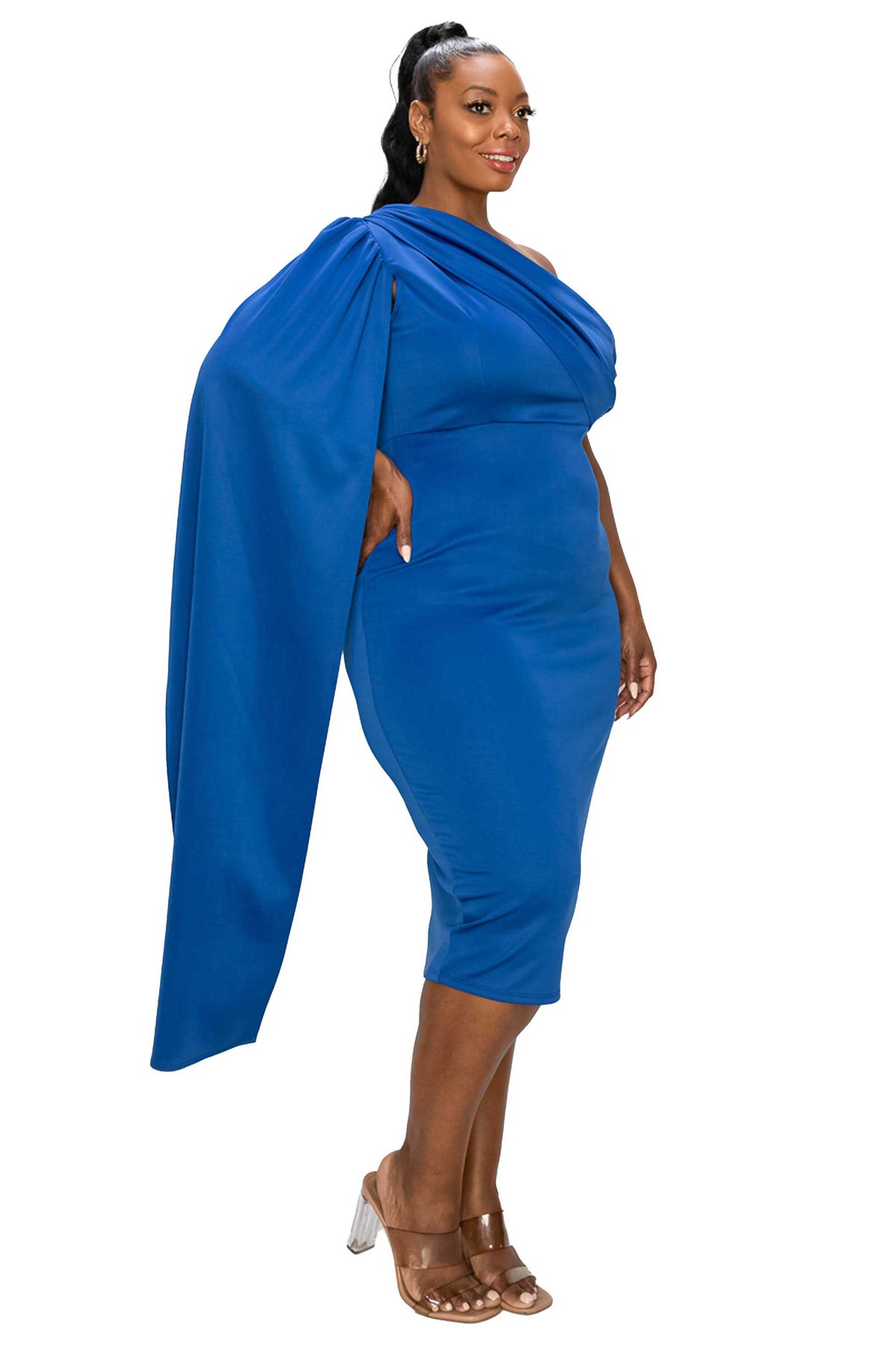 blue plus size bodycon dress. one shoulder cape sleeve, midi length. side view