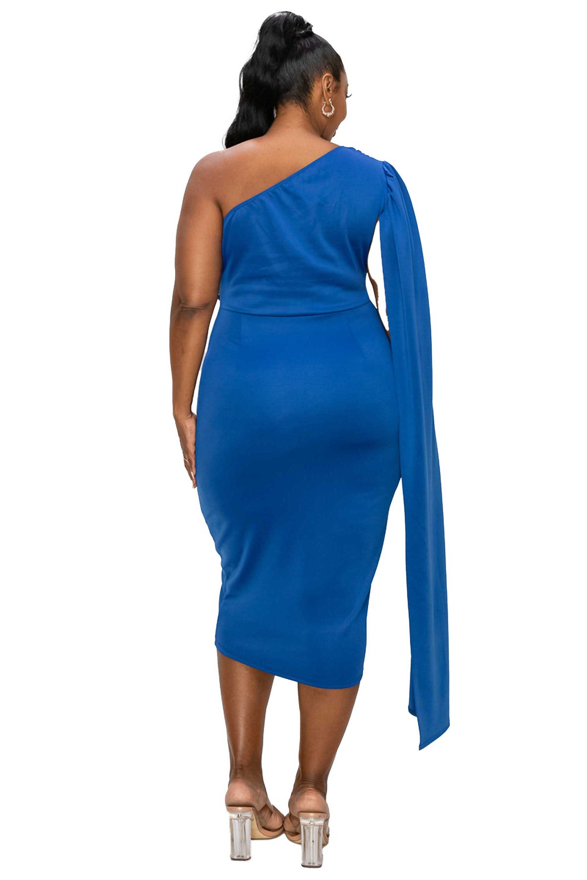 blue plus size bodycon dress. one shoulder cape sleeve, midi length. back view