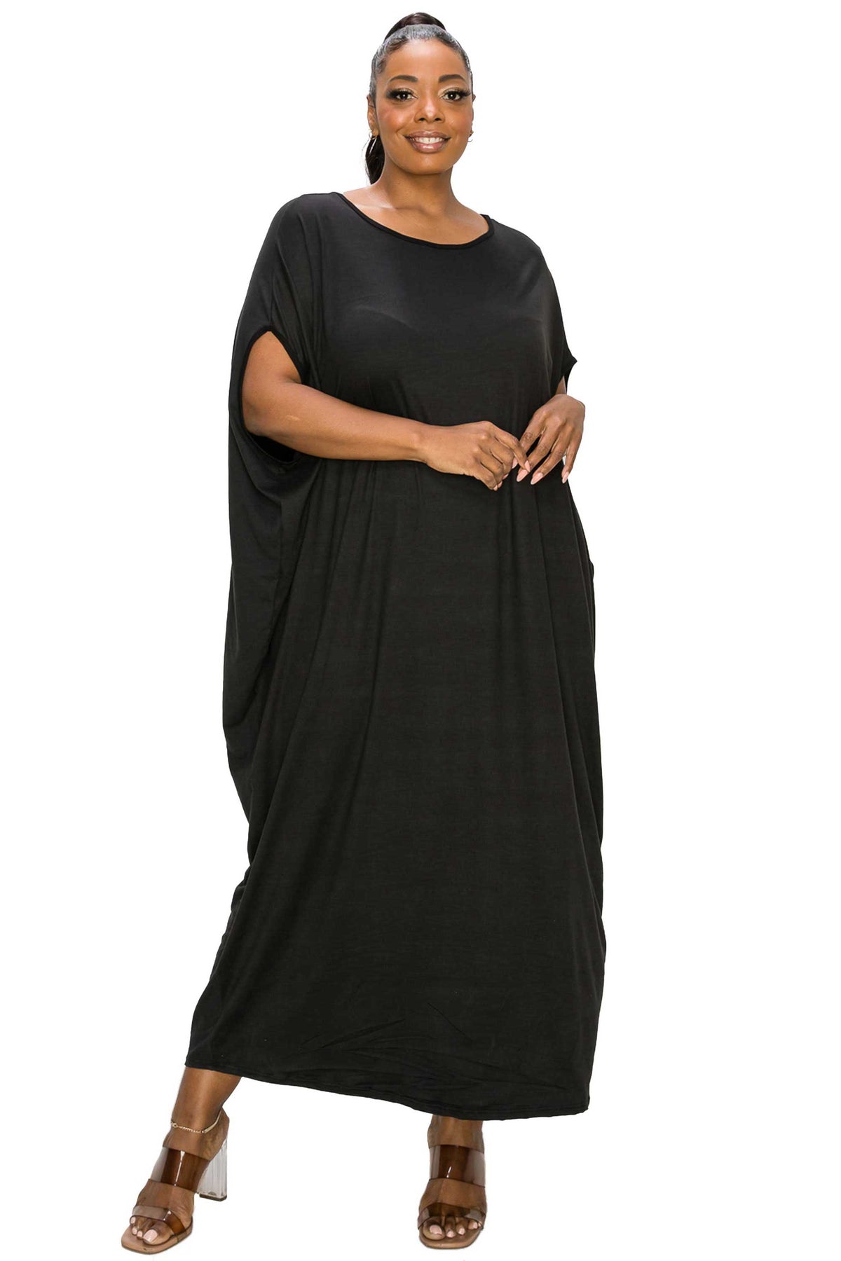 black plus size midi dress, sleeveless kaftan, front view