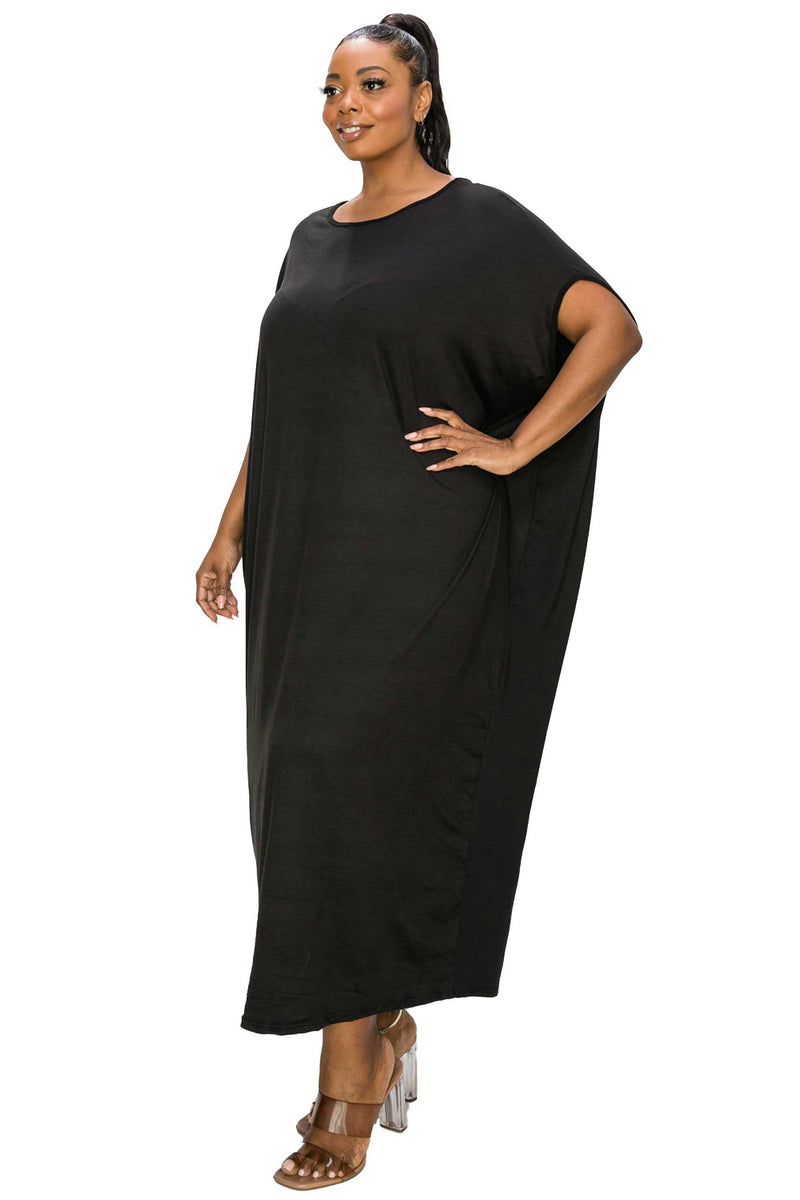 black plus size midi dress, sleeveless kaftan, side view