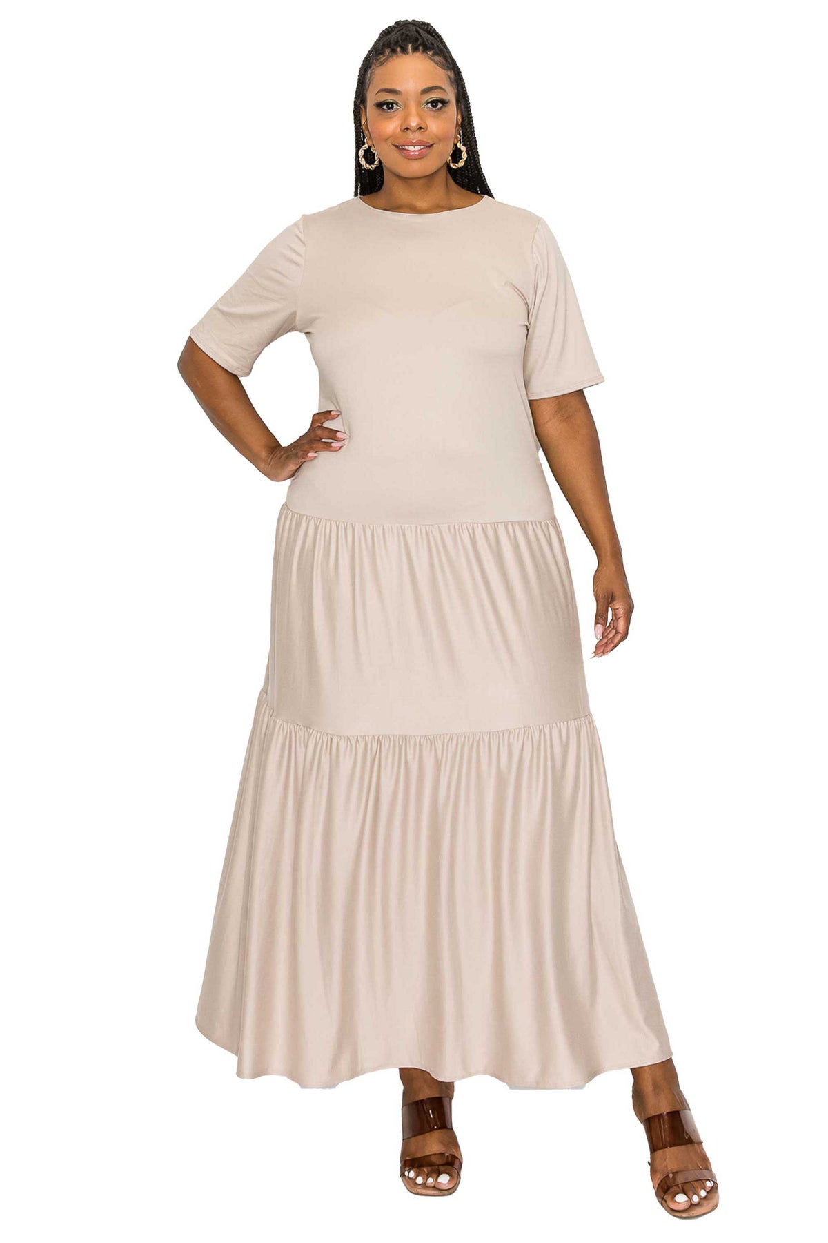 beige a line plus size dress, double tiered hem maxi length, front view