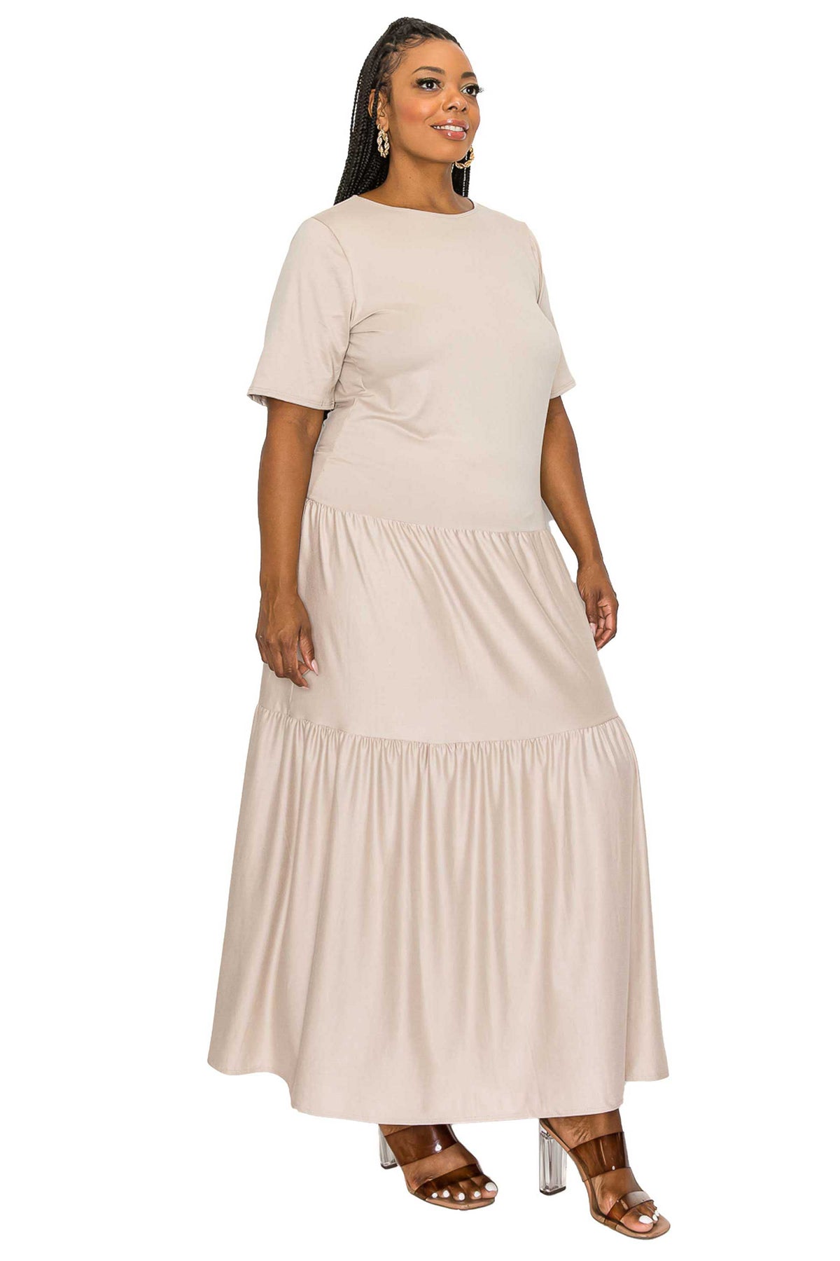 beige a line plus size dress, double tiered hem maxi length, side view