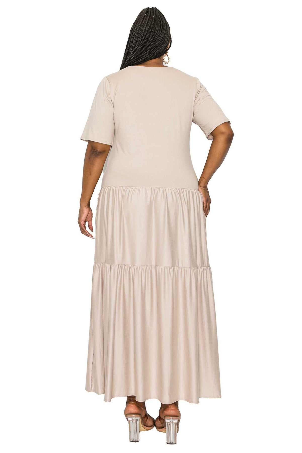 beige a line plus size dress, double tiered hem maxi length, back view
