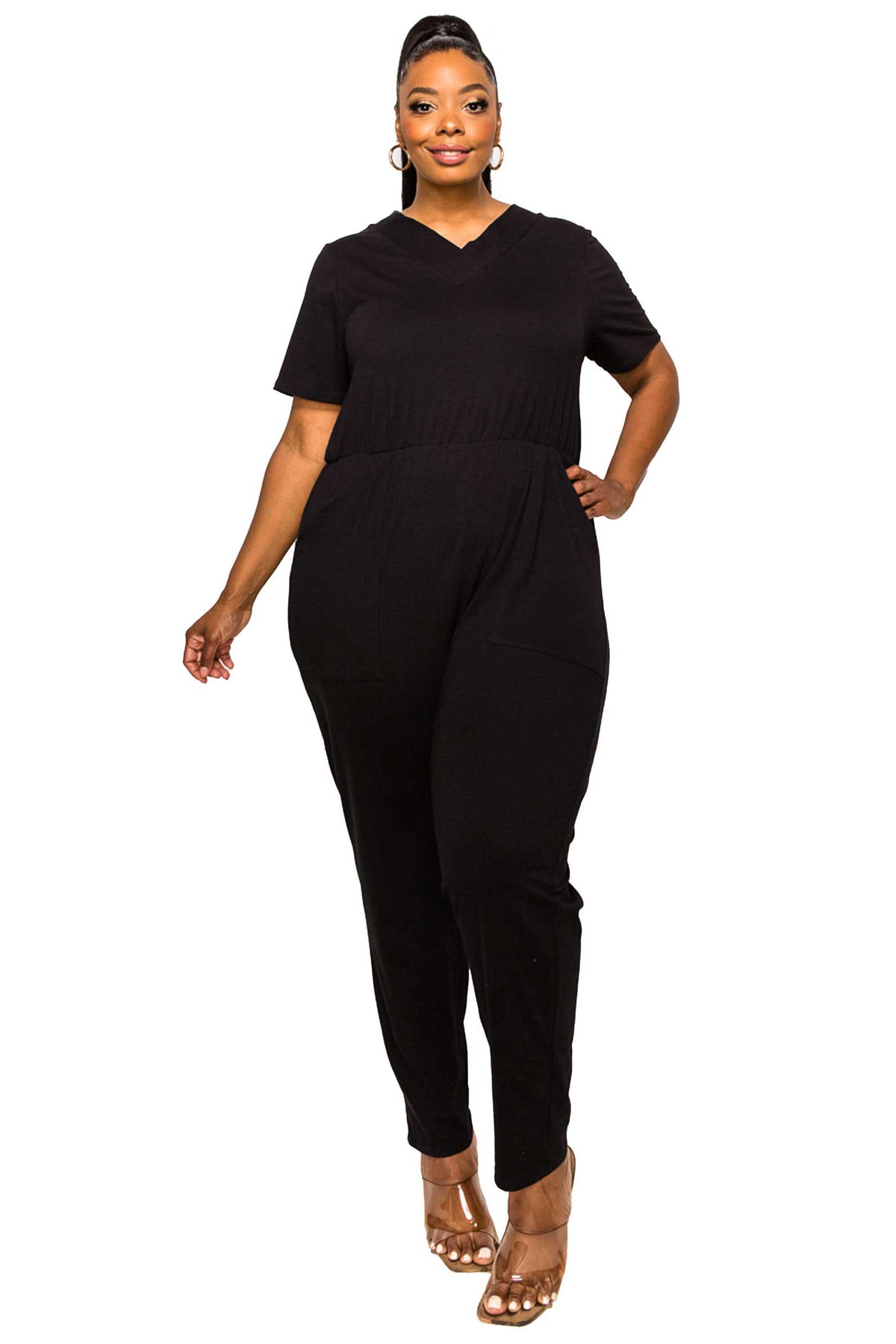 livd plus size boutique v neck pocket jumpsuit cotton in black