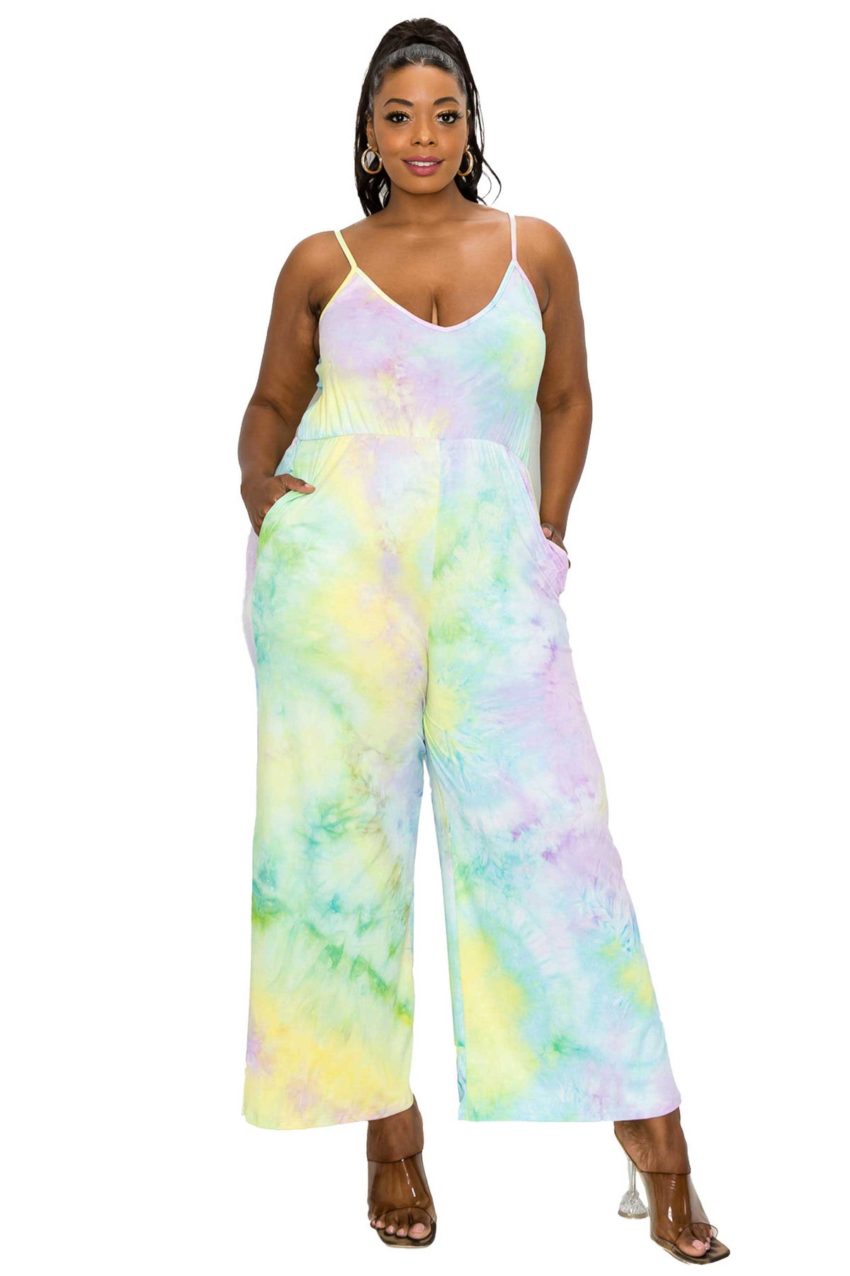 livd plus size boutique wide legged pocket jumpsuit in tie dye