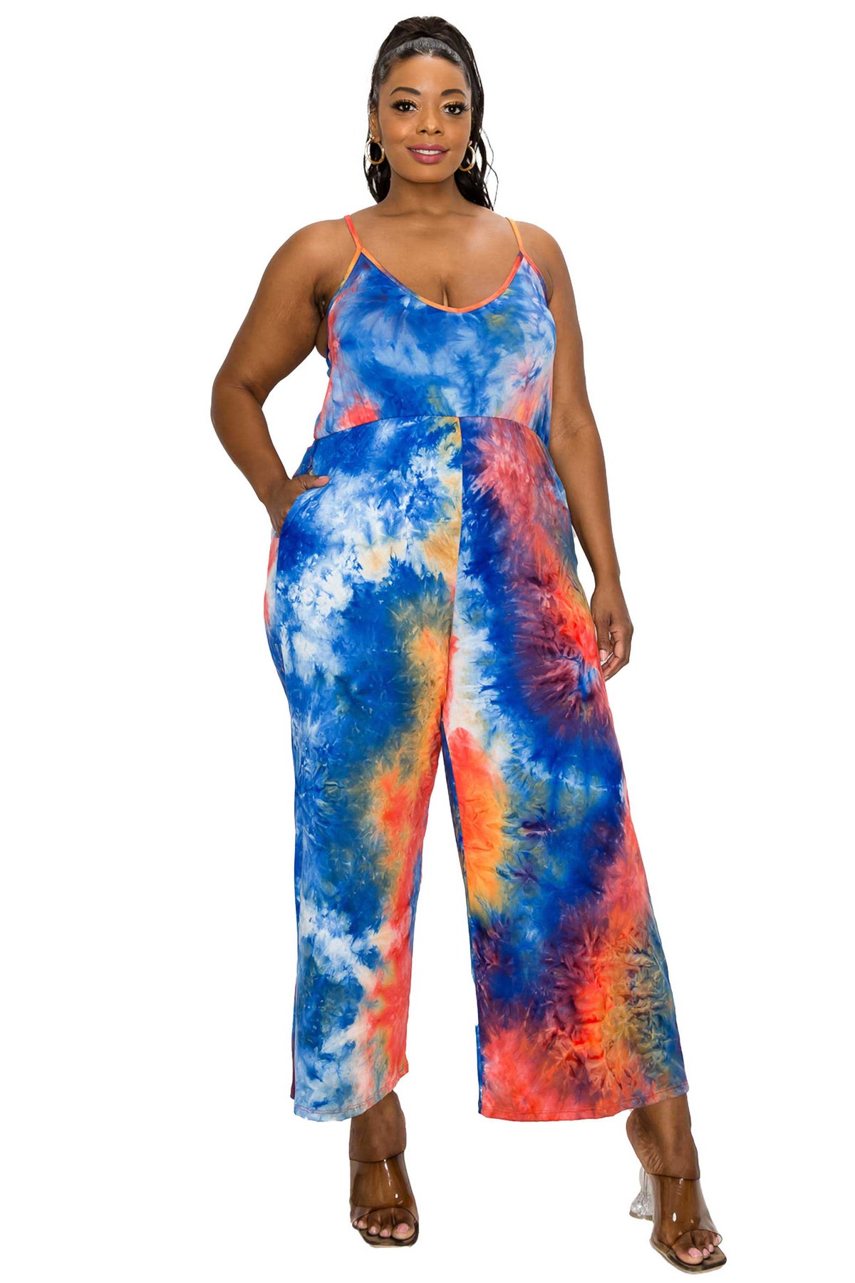 livd plus size boutique wide legged pocket jumpsuit in tie dye