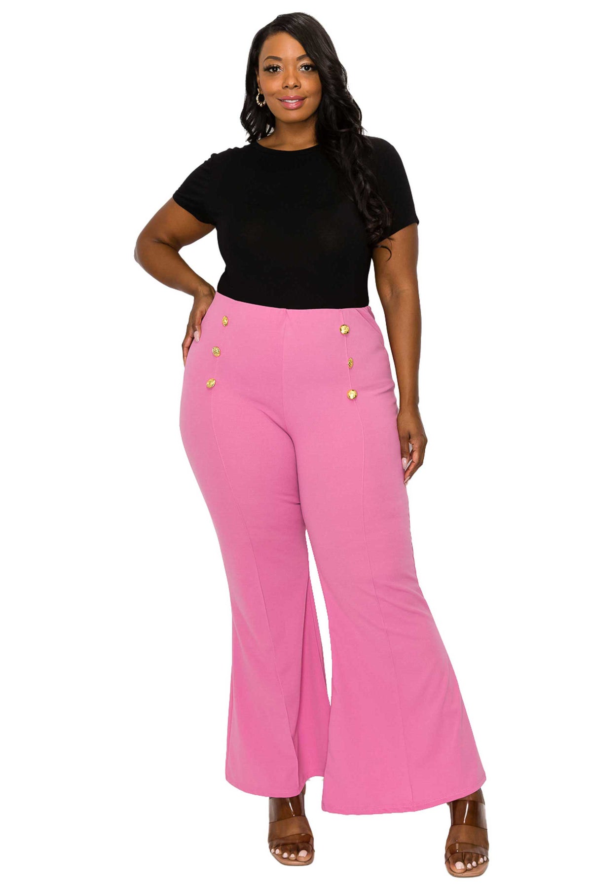 High Waisted Button Detail Flare Pants - L I V D