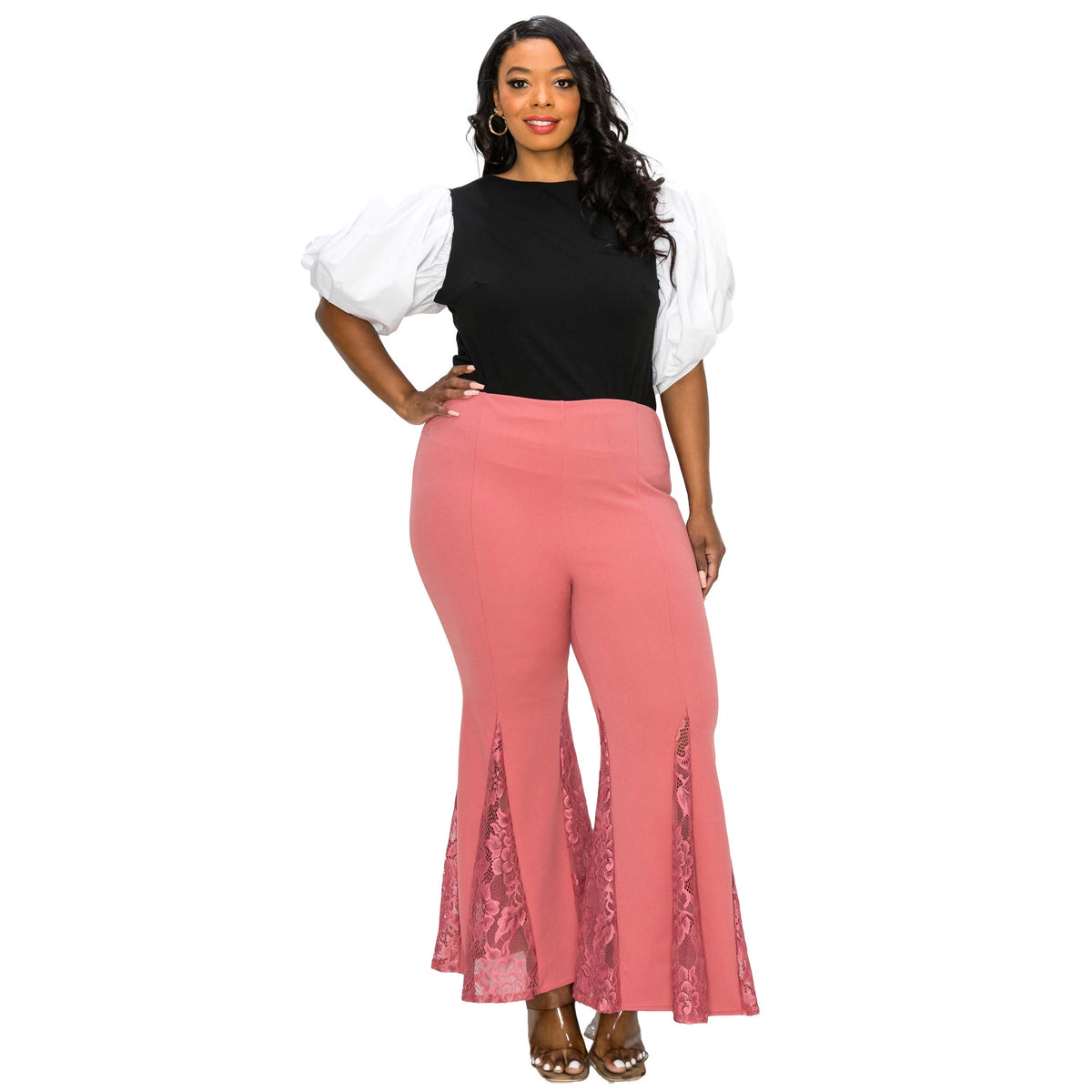 livd plus size boutique lace flare pants in cinnamon mauve pink