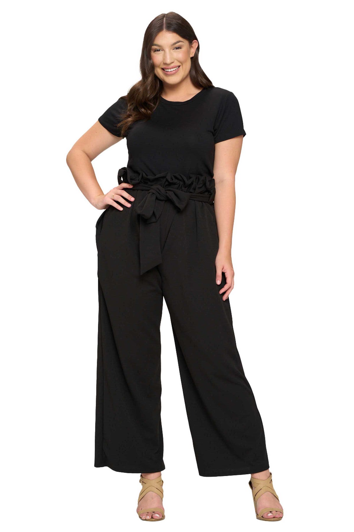 plus size paperbag belt tie pants with large pockets in black