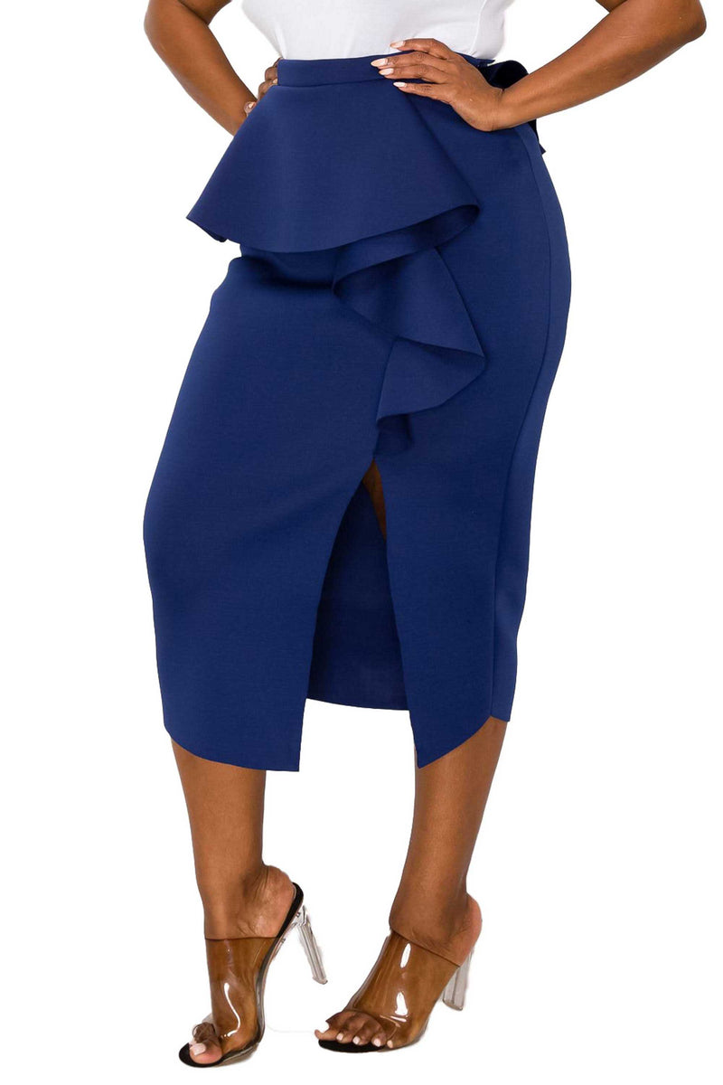 livd L I V D women's trendy contemporary plus size peplum midi skirt with ruffles and leg slit neoprene air scuba fabric in navy