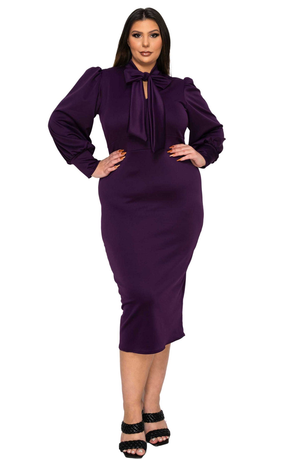 purple plus size bodycon, pussycat bow, midi length, front view