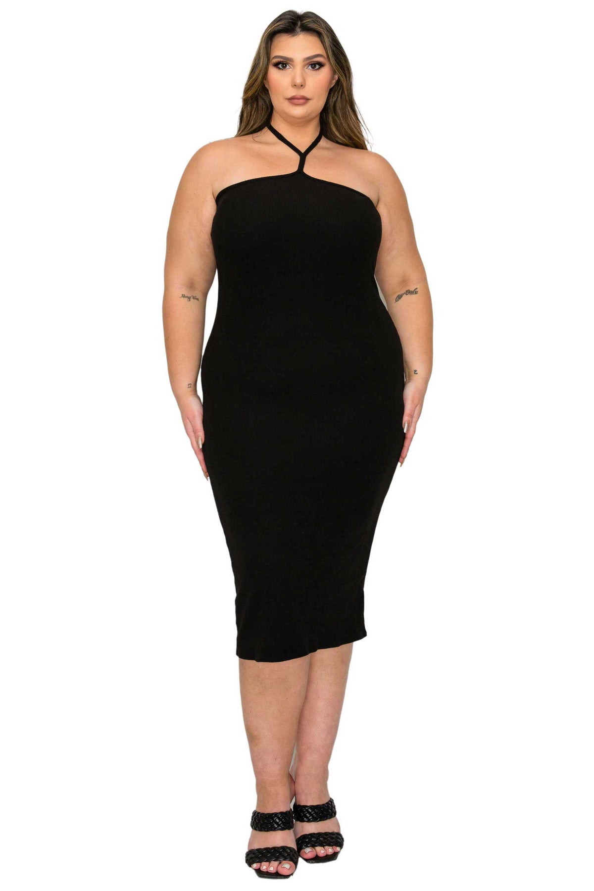 black plus size bodycon halter neck tie dress, front view