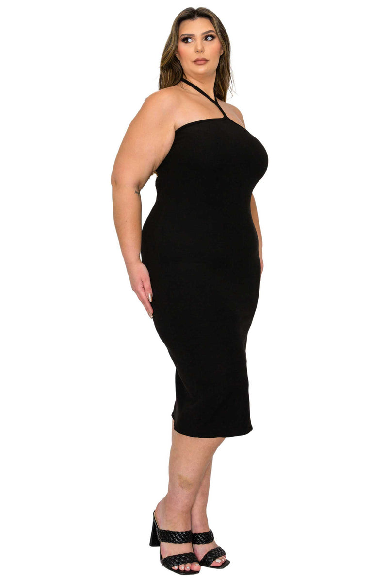 black plus size bodycon halter neck tie dress, side view