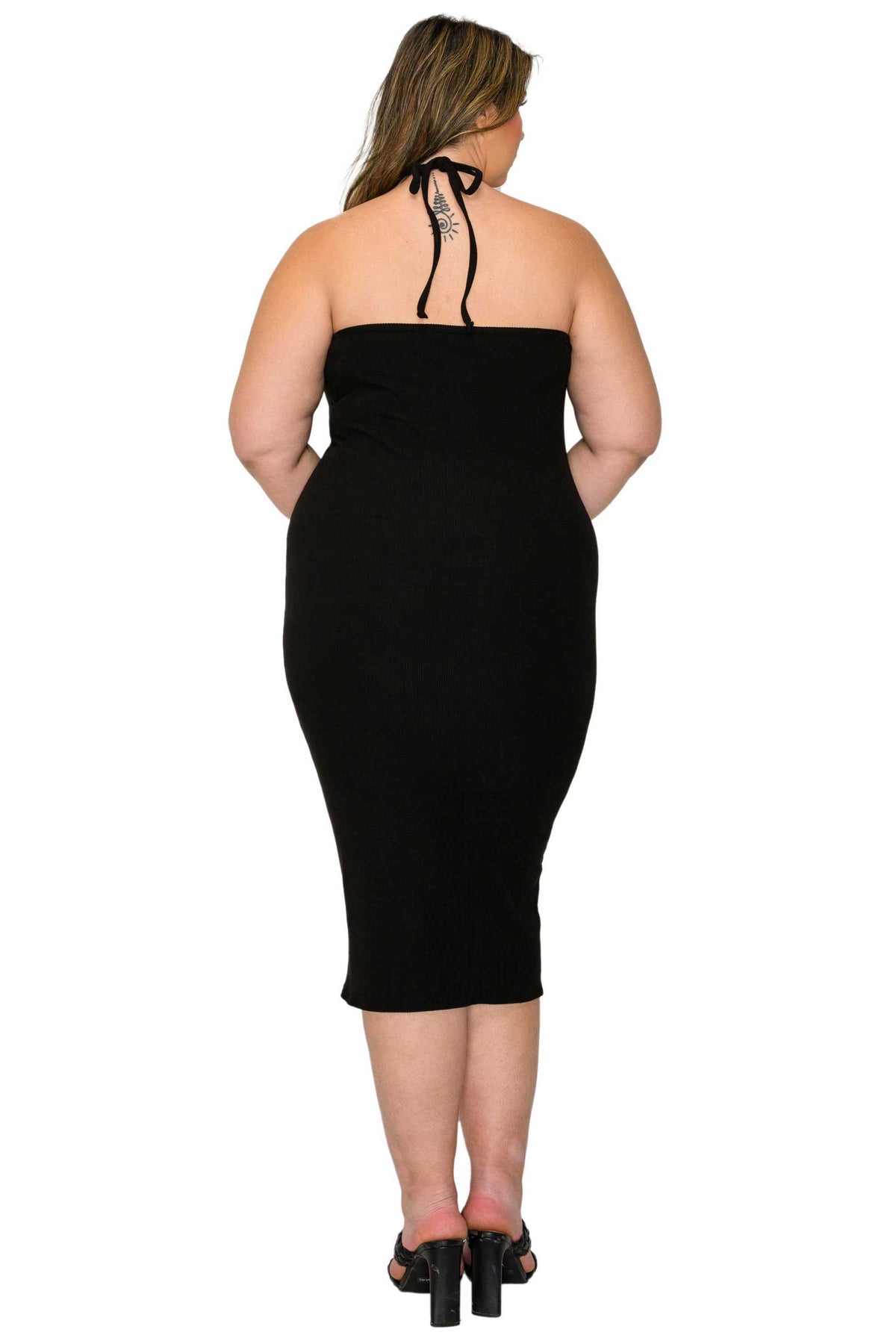 black plus size bodycon halter neck tie dress, back view