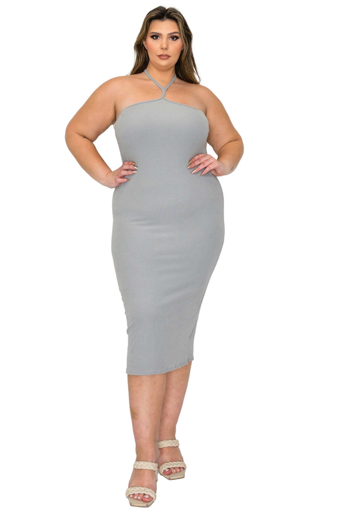 grey plus size bodycon halter neck tie dress, front view