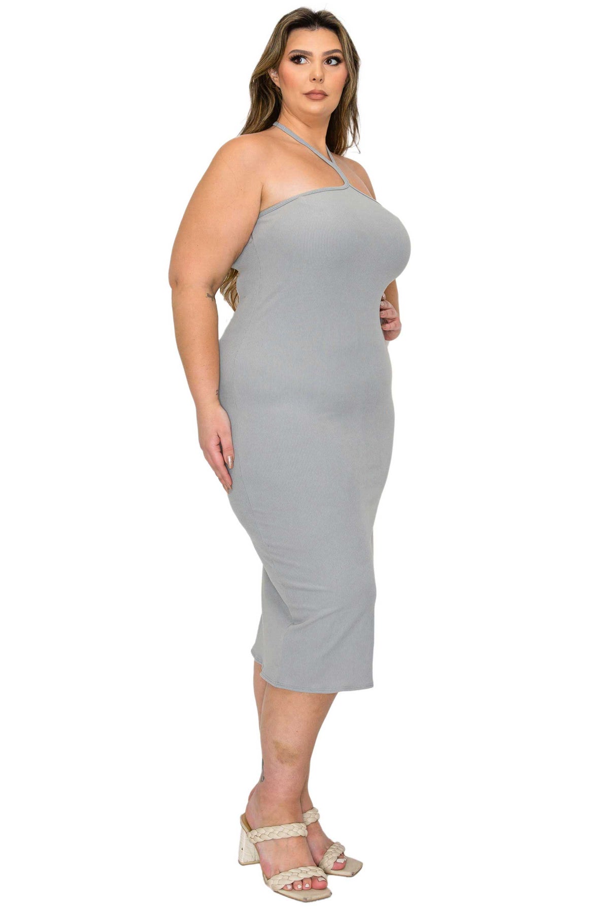 grey plus size bodycon halter neck tie dress, side view