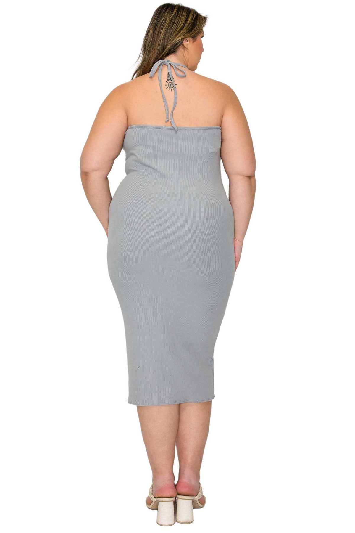 grey plus size bodycon halter neck tie dress, back view