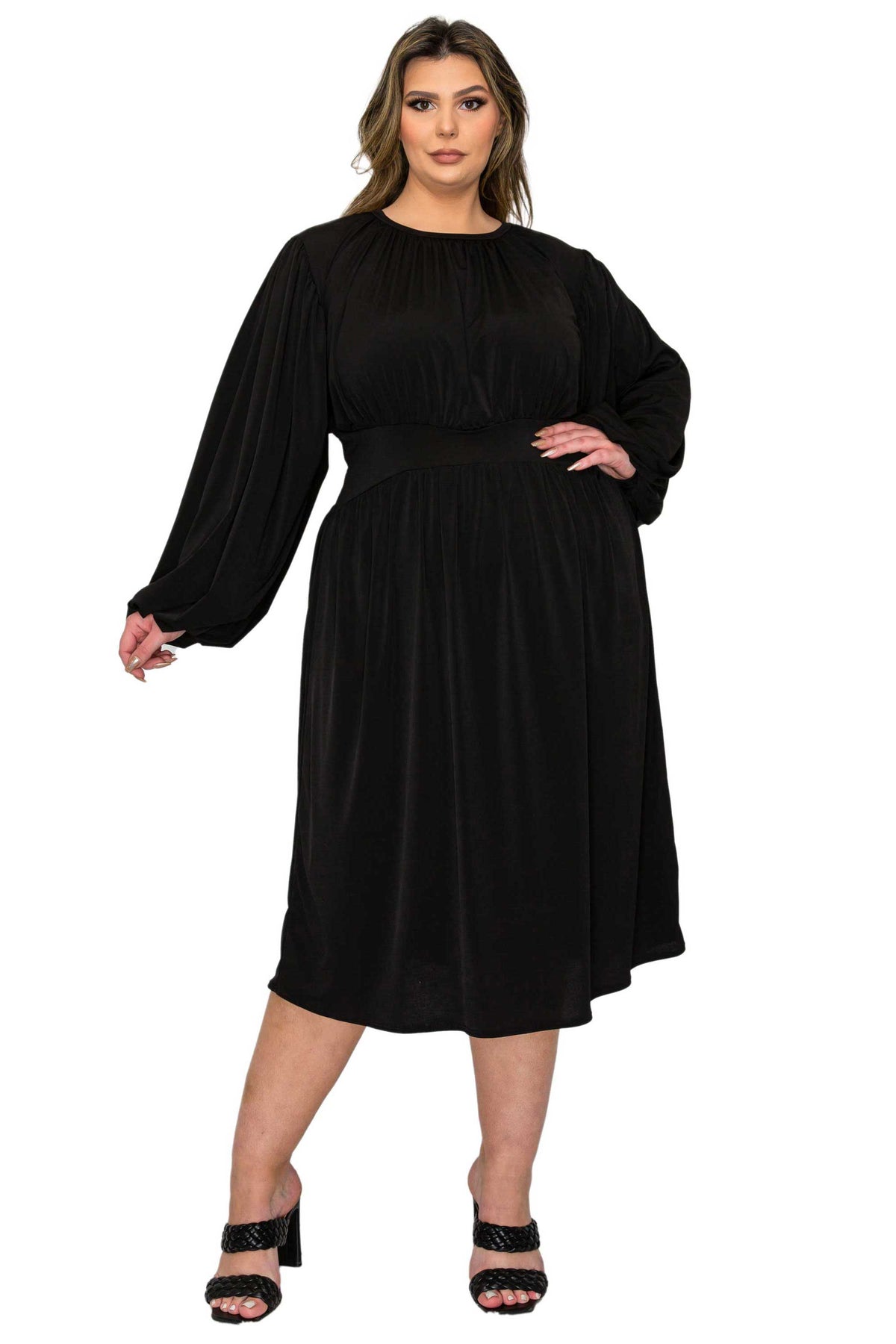 black plus size midi dress, ruched details. front view