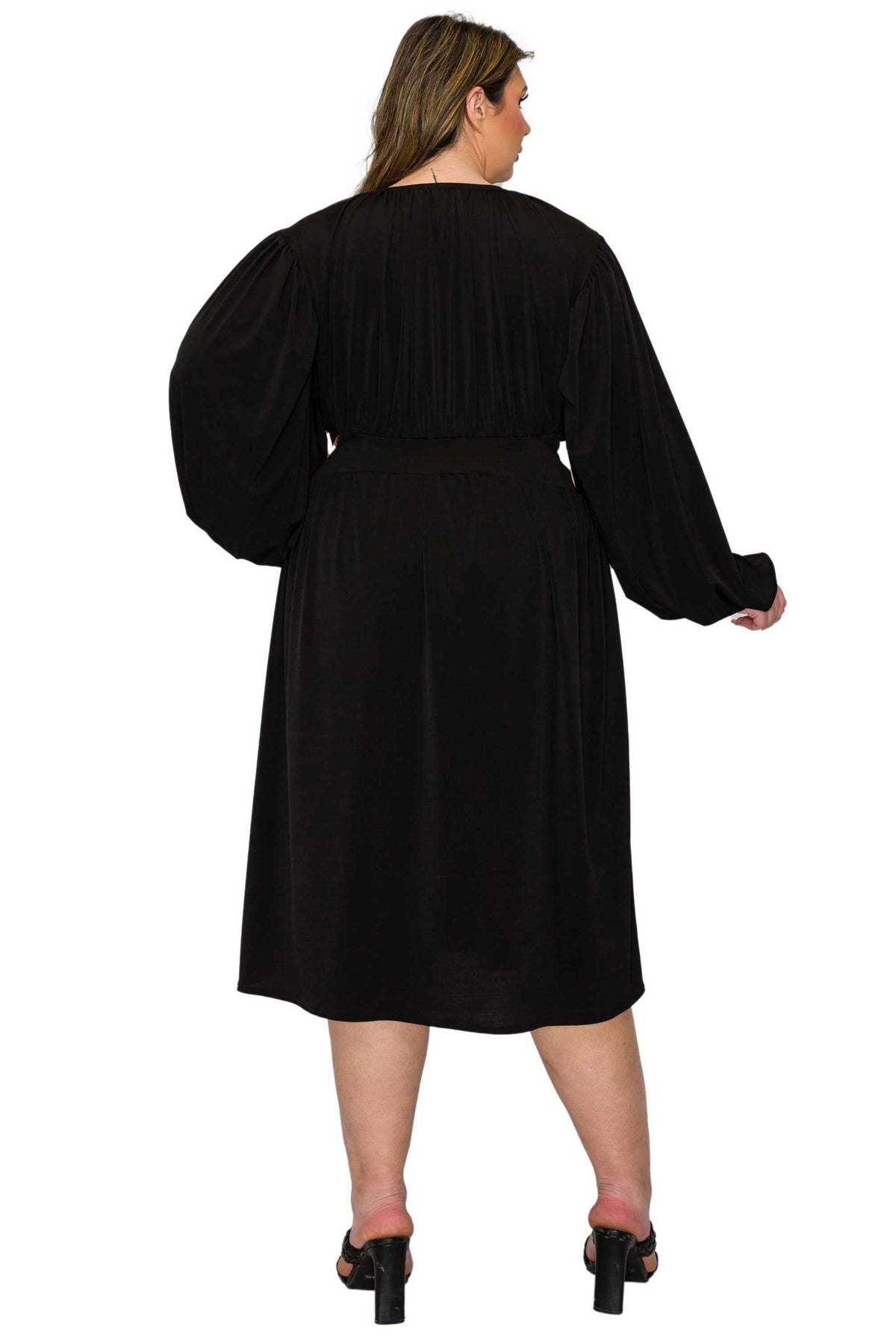 black plus size midi dress, ruched details. back view