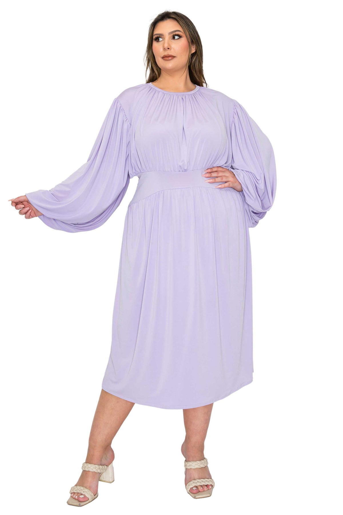 lilac plus size midi dress, ruched details. front view