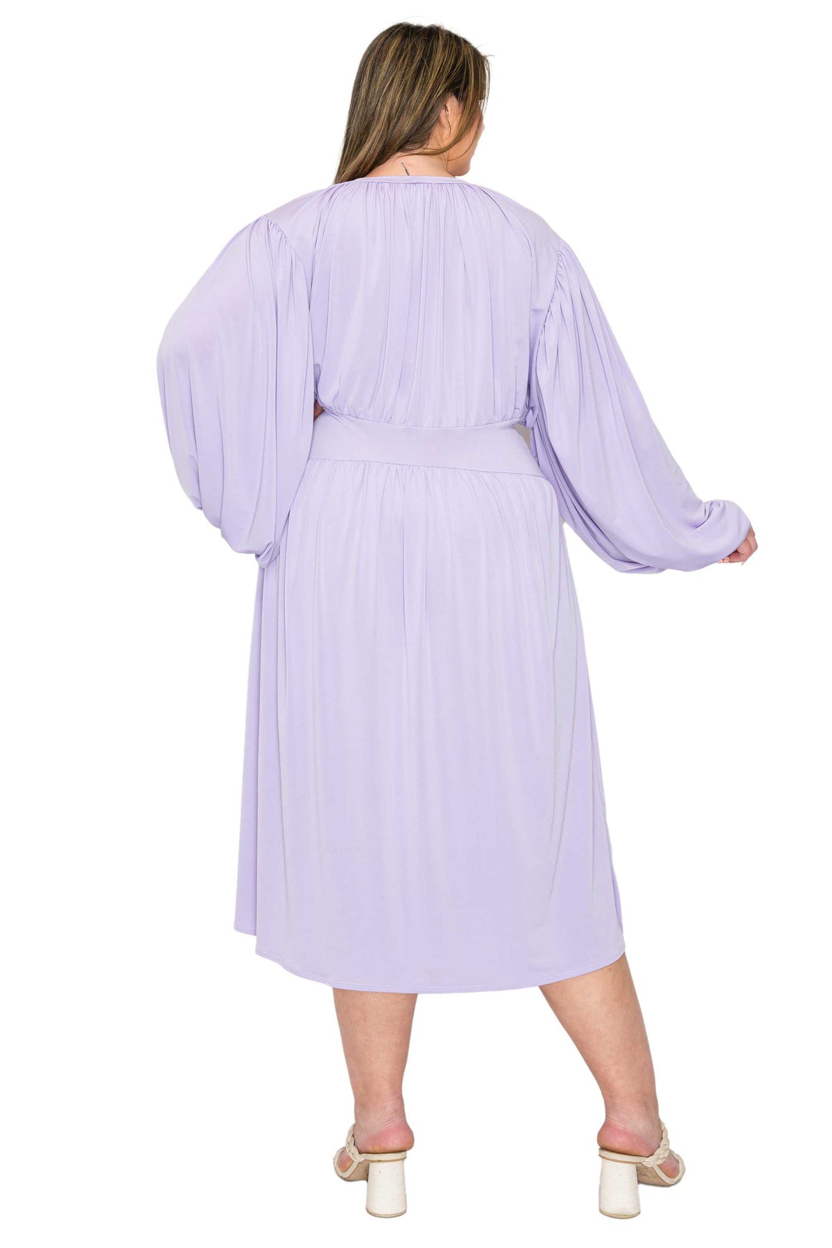 lilac plus size midi dress, ruched details. back view