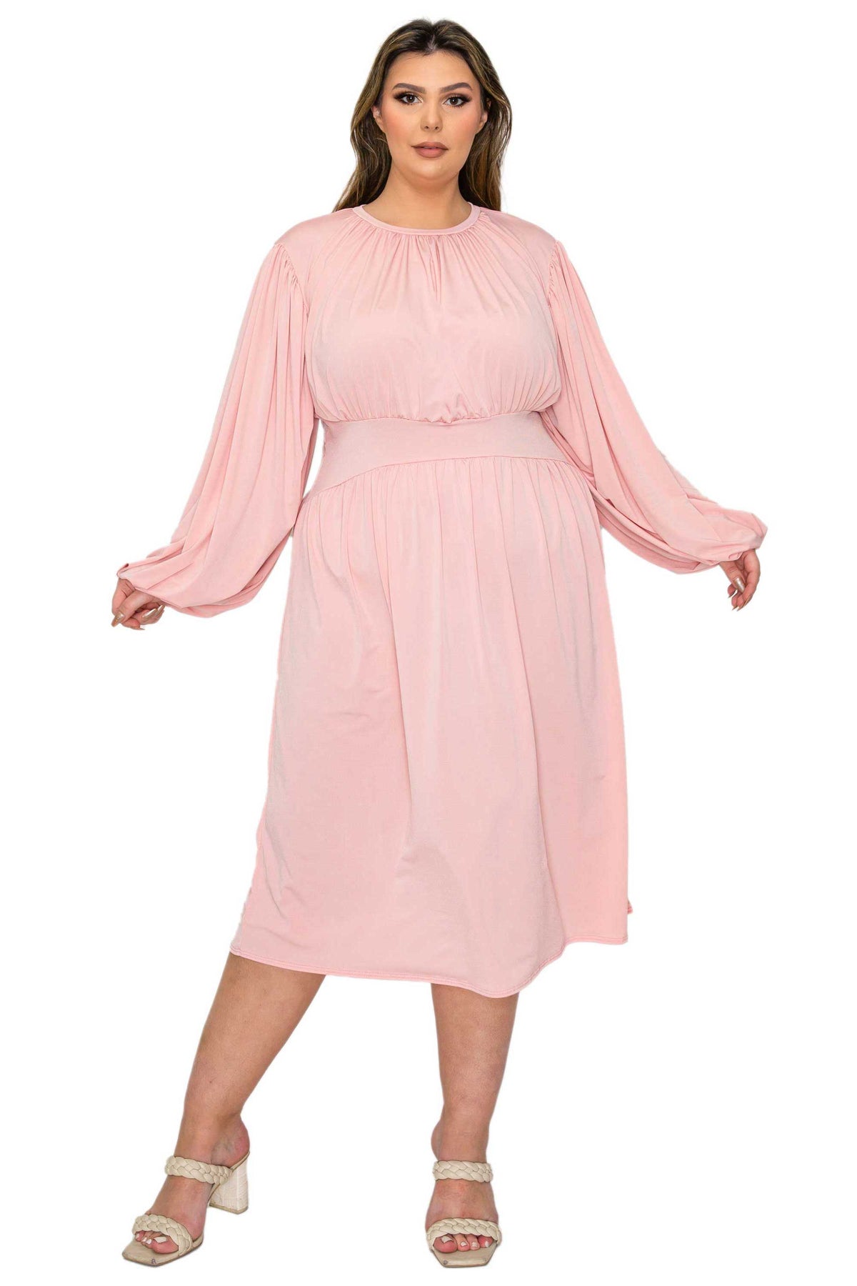 pink plus size midi dress, ruched details. front view