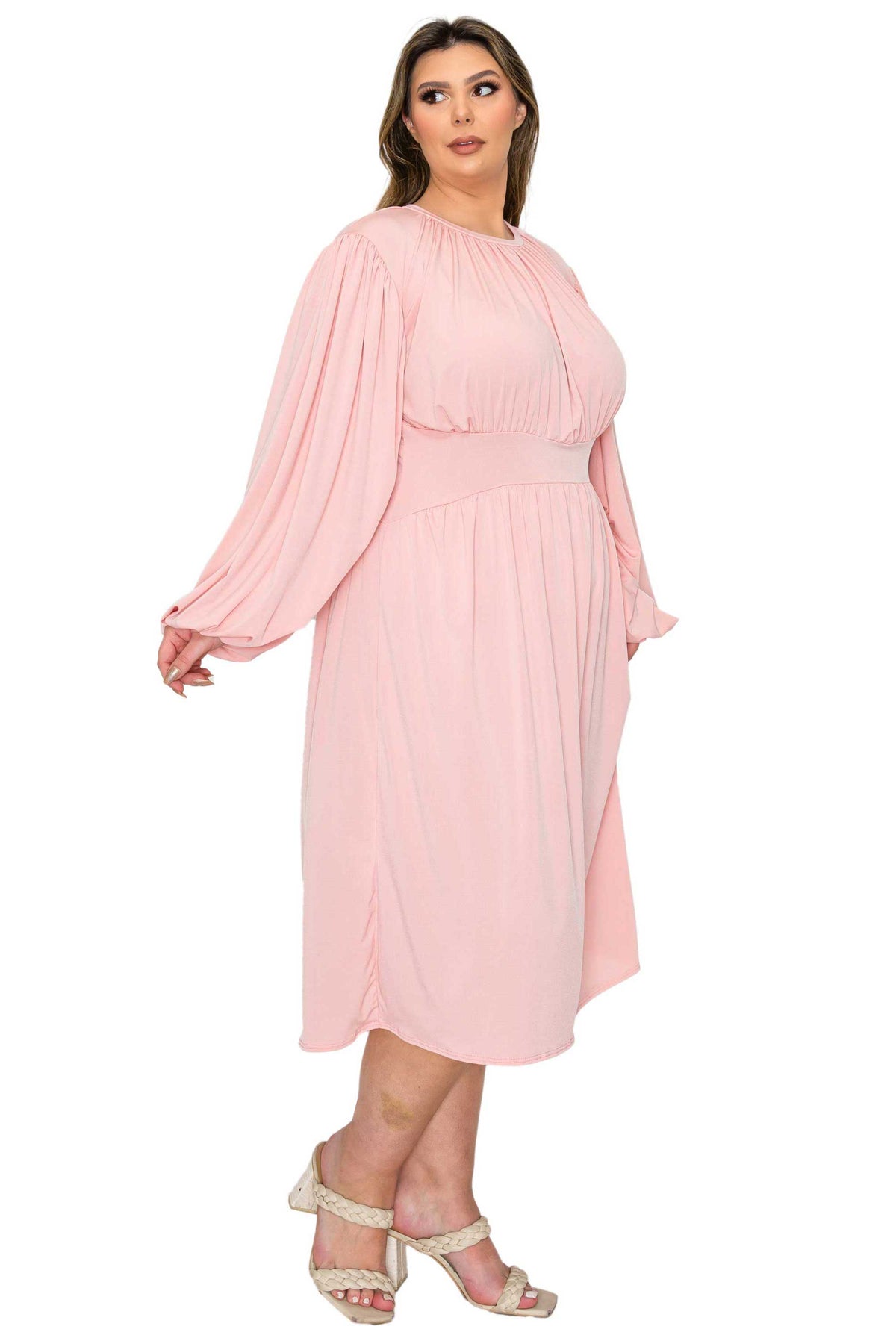 pink plus size midi dress, ruched details. side view