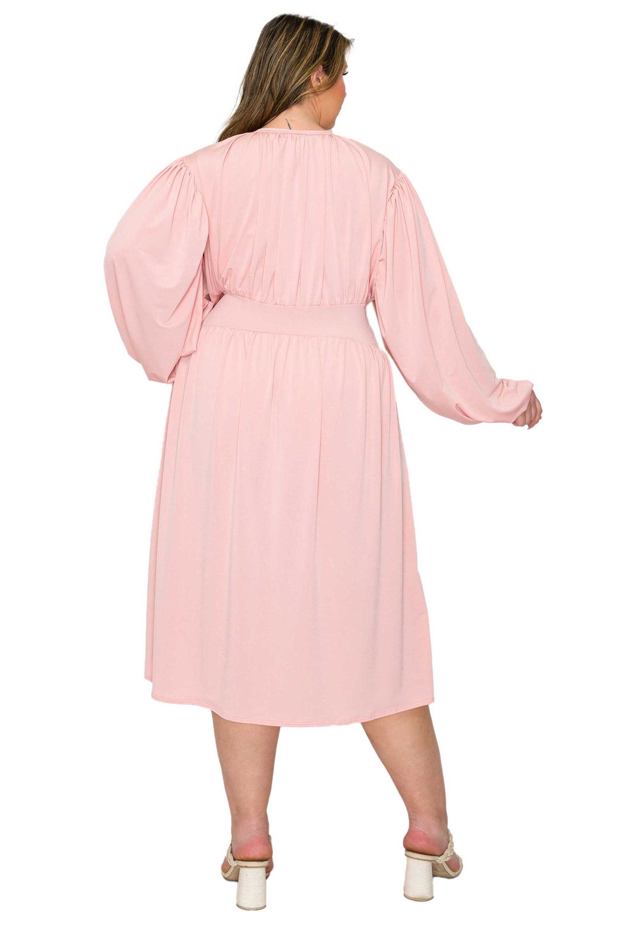 pink plus size midi dress, ruched details. back view