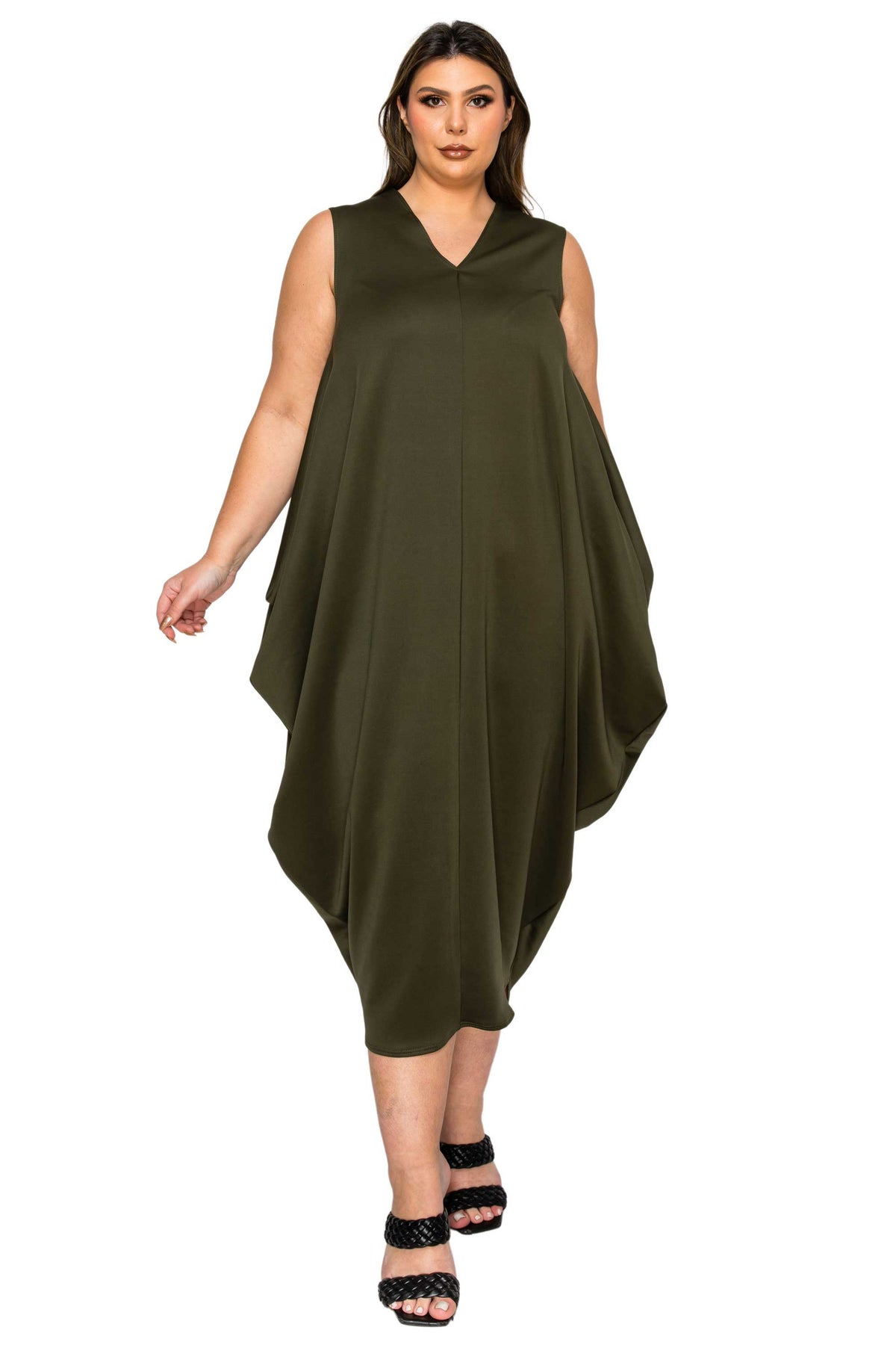 olive green plus size sleeveless bubble hem dress. front view