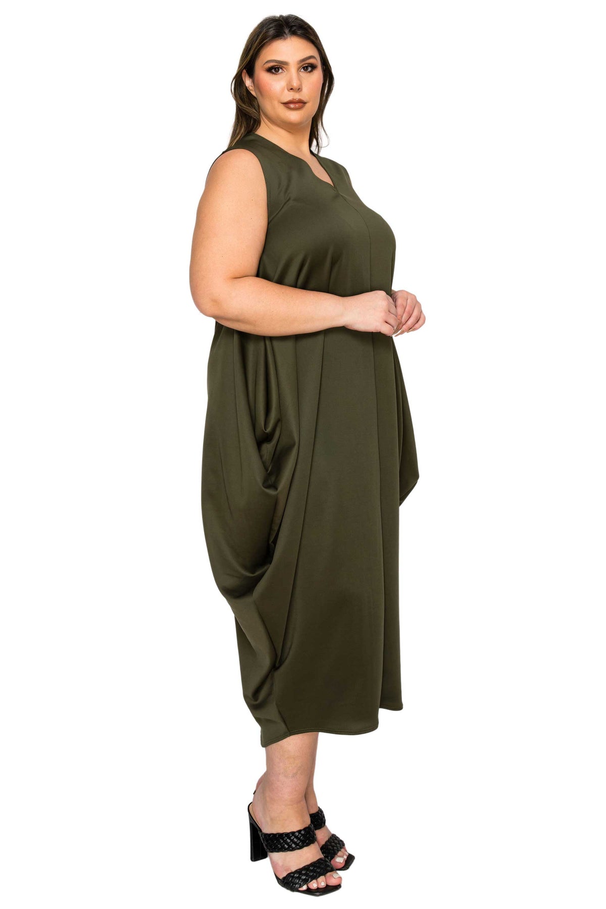 olive green plus size sleeveless bubble hem dress. side view