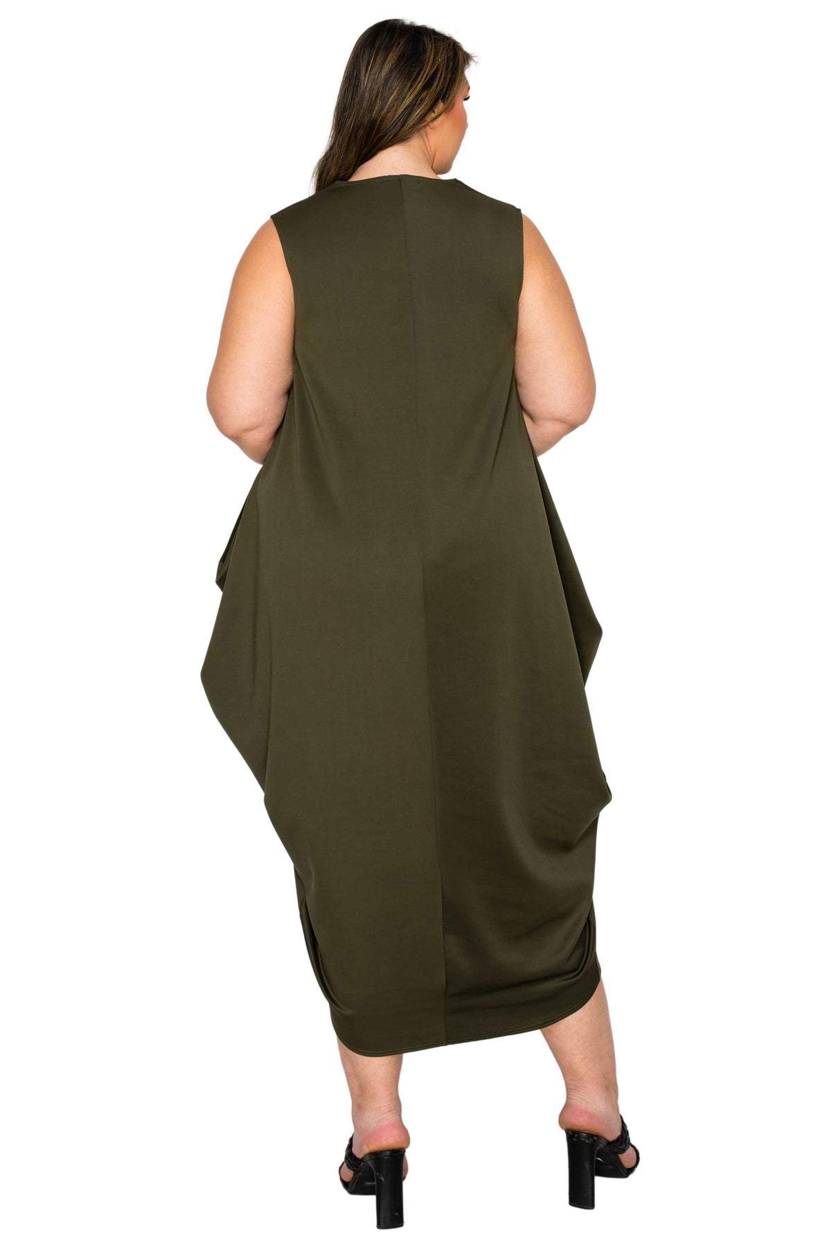olive green plus size sleeveless bubble hem dress. back view