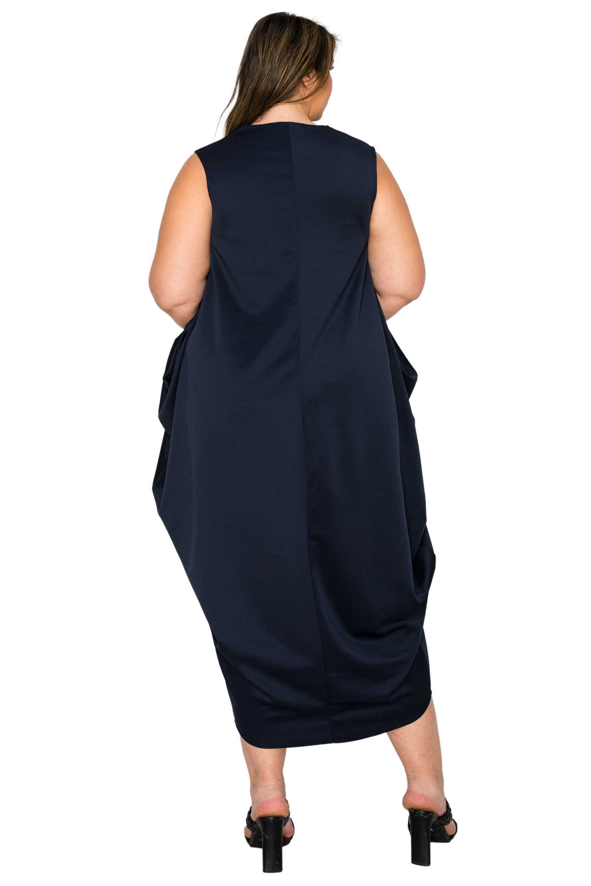 navy plus size sleeveless bubble hem dress. back view