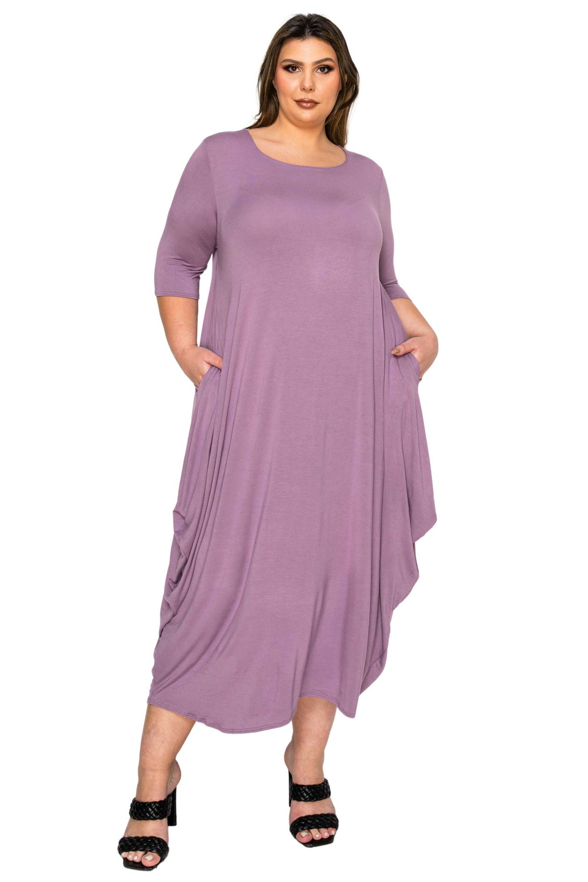 dusty lavender plus size midi dress, bubble hem with pockets. front view