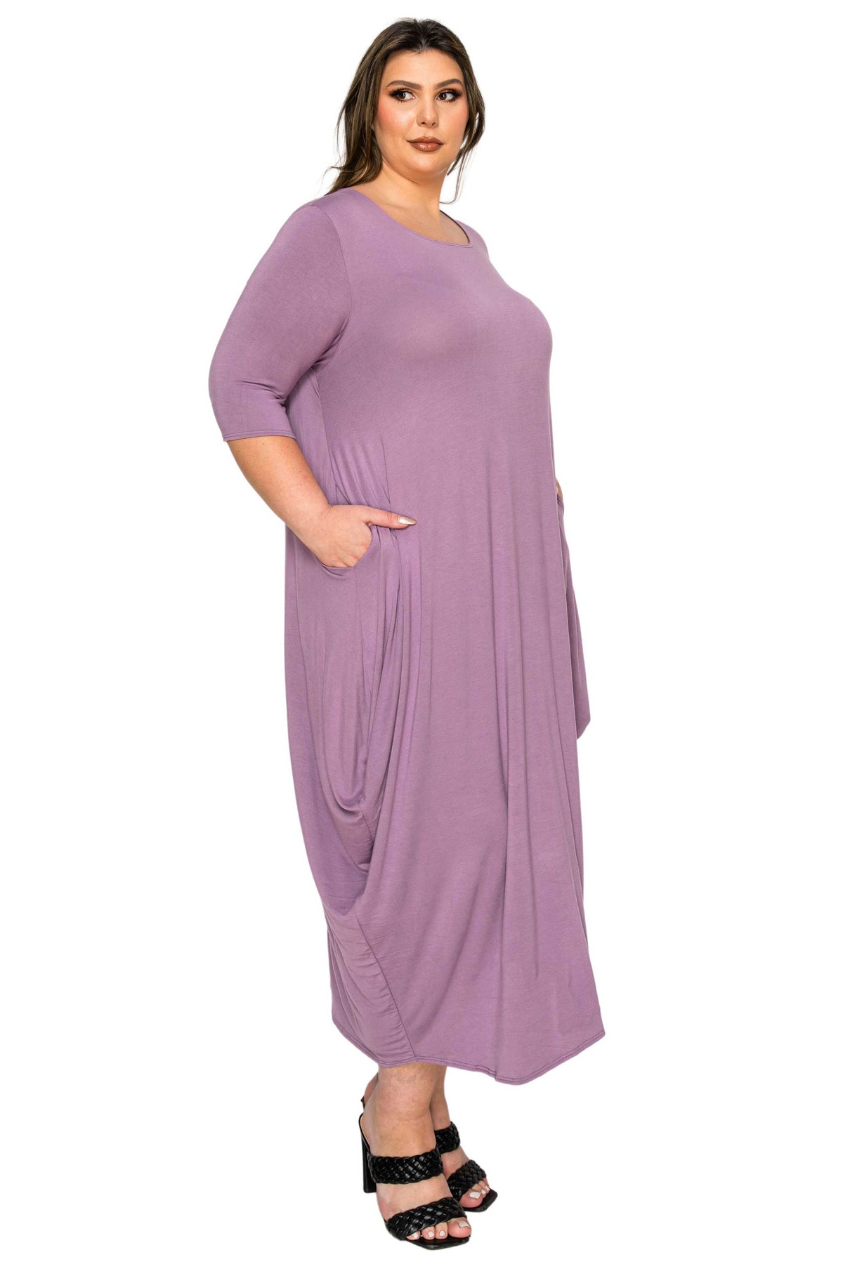 dusty lavender plus size midi dress, bubble hem with pockets. side view