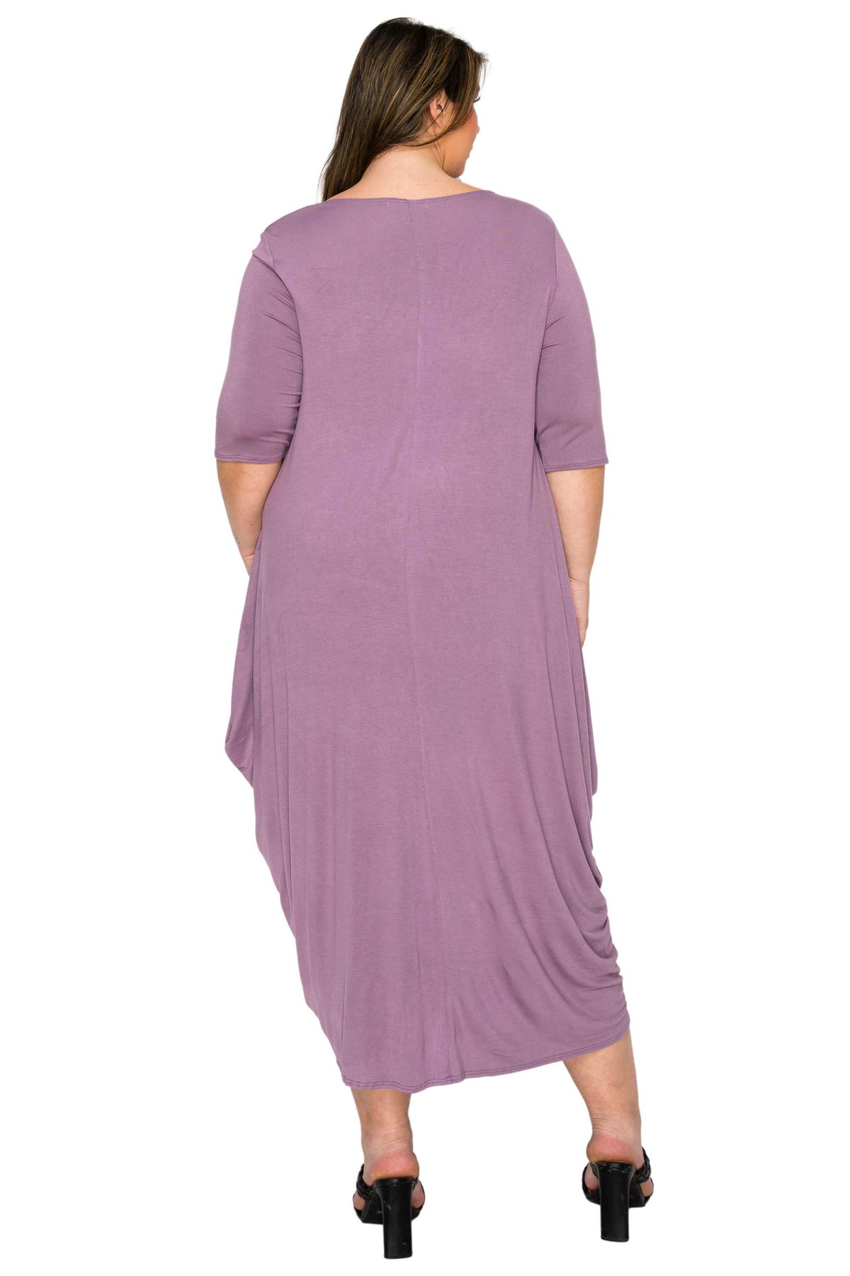 dusty lavender plus size midi dress, bubble hem. back view