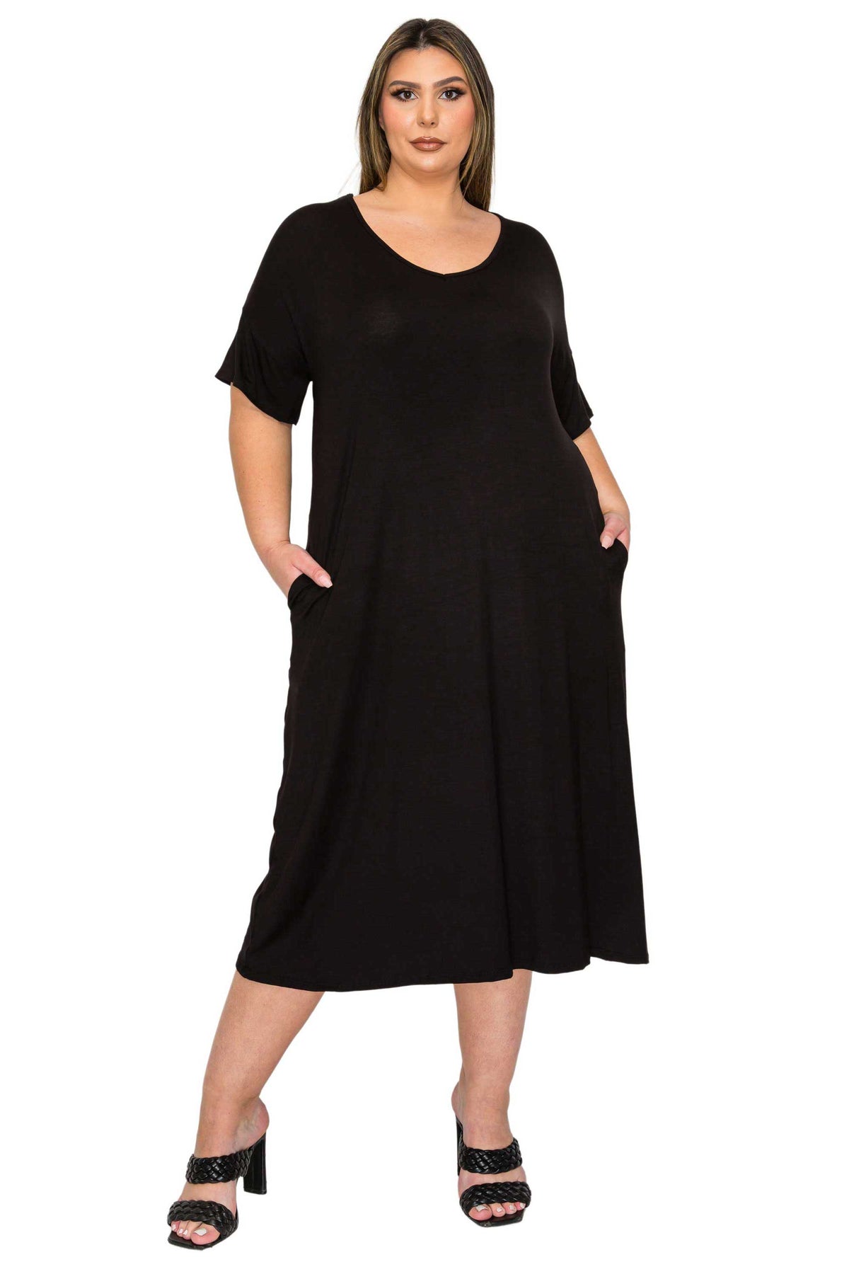 black plus size midi dress, short sleeve with pockets, front view