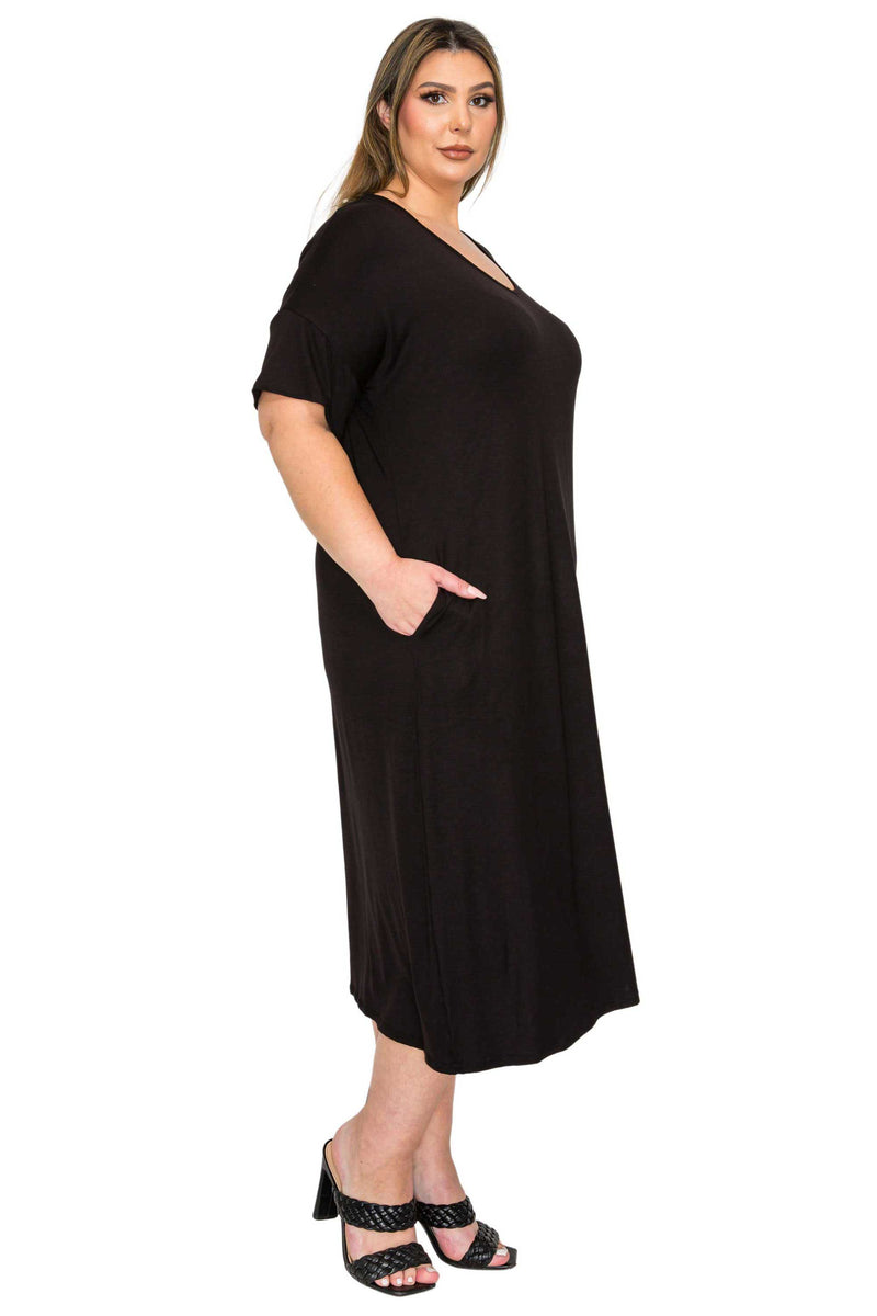 black plus size midi dress, short sleeve with pockets, side view