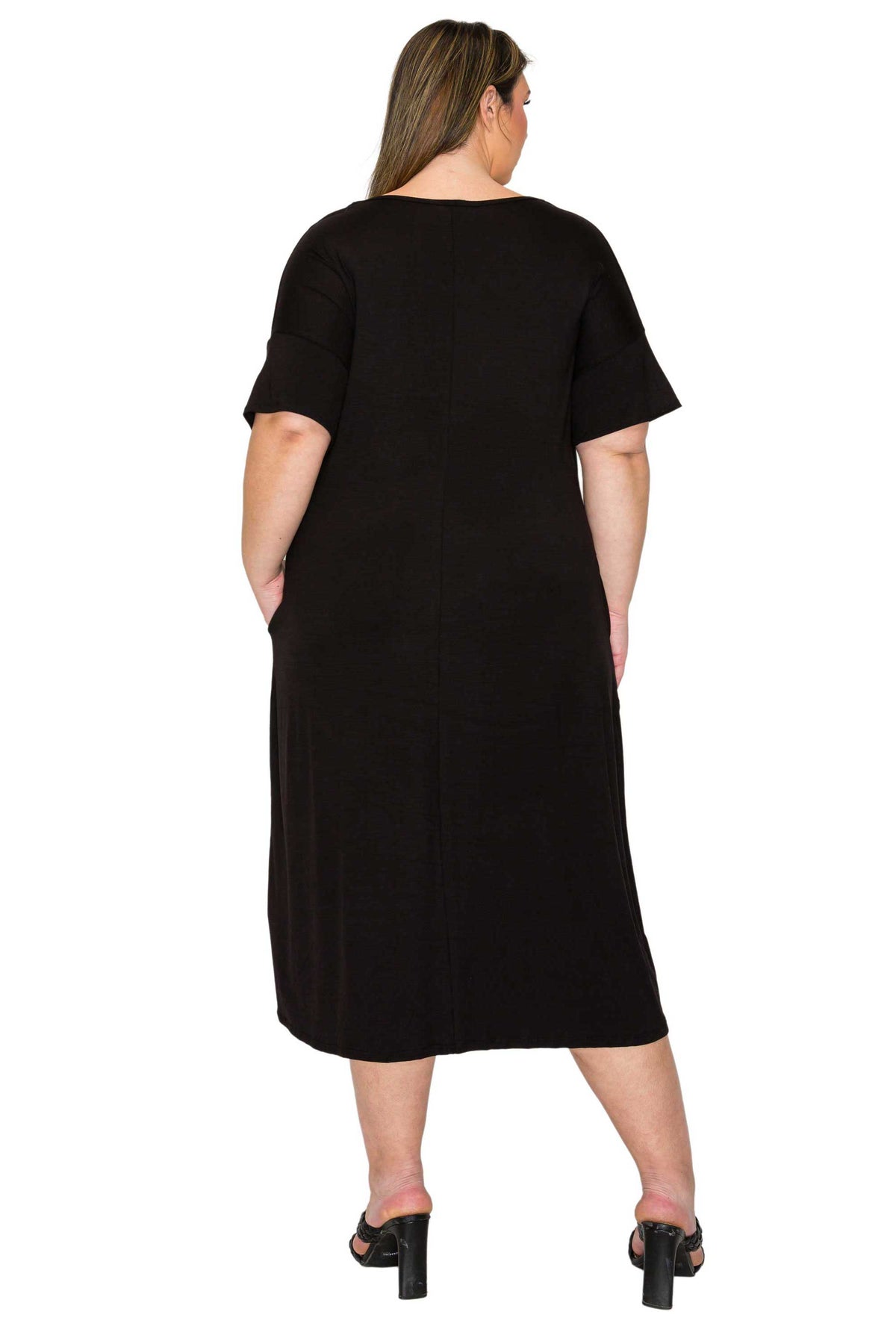 black plus size midi dress, short sleeve with pockets, back view