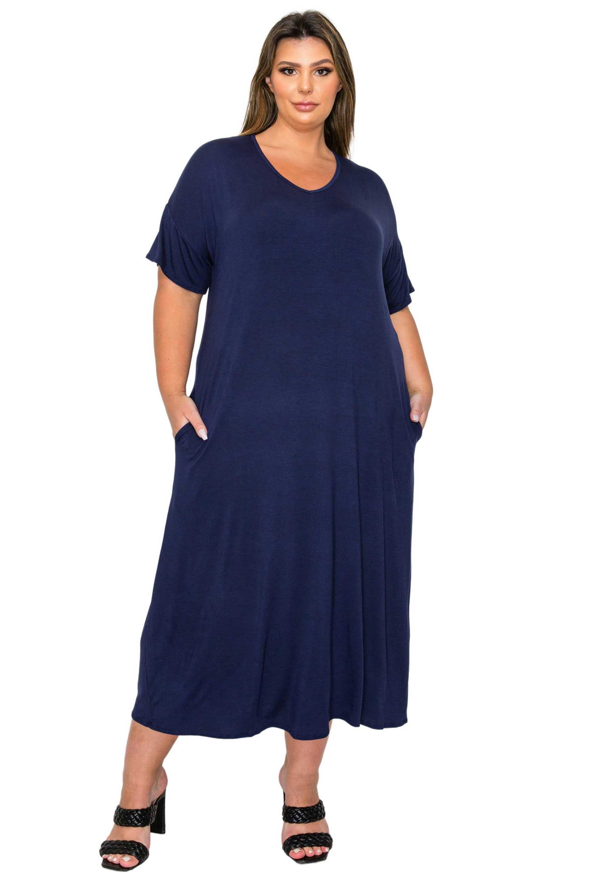 navy plus size midi dress, short sleeve with pockets, front view