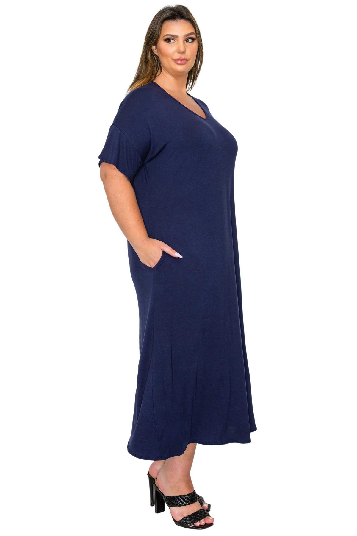 navy plus size midi dress, short sleeve with pockets, side view