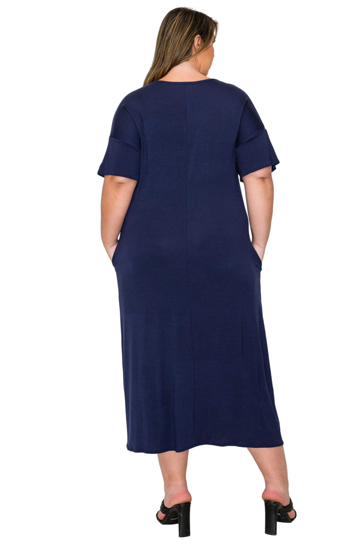 navy plus size midi dress, short sleeve with pockets, back view