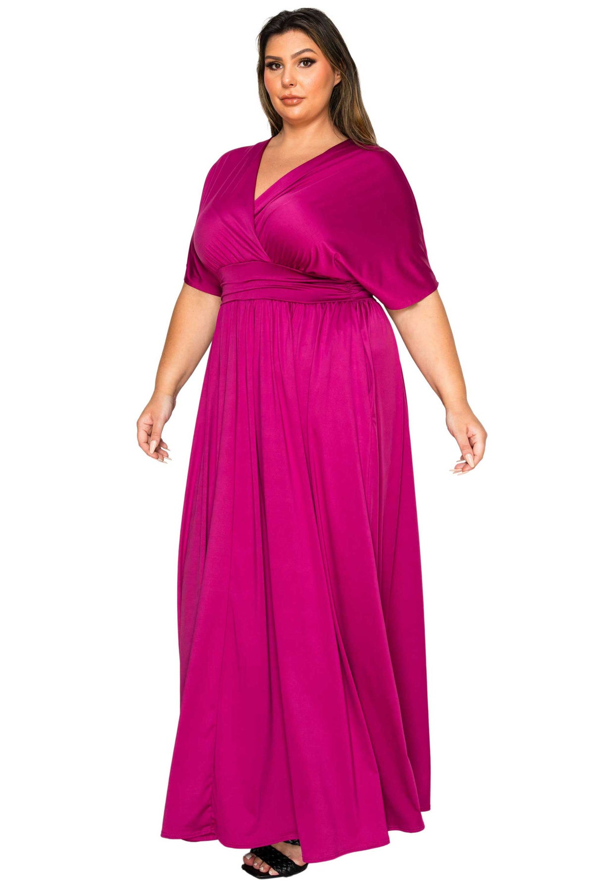 magenta plus size empire waist dress. side view