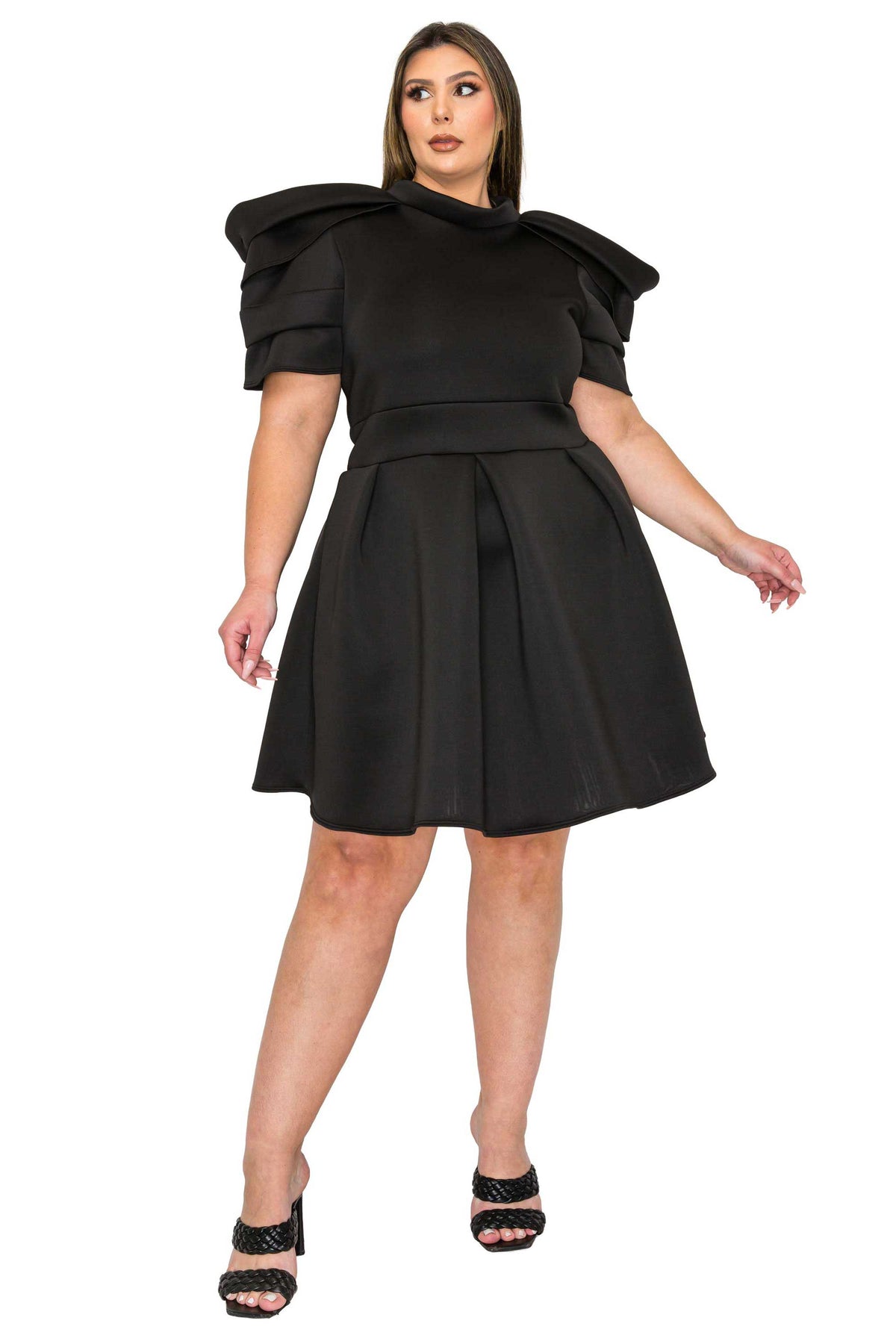 black color plus size neoprene party dress, statement shoulder, short flare hem. front view