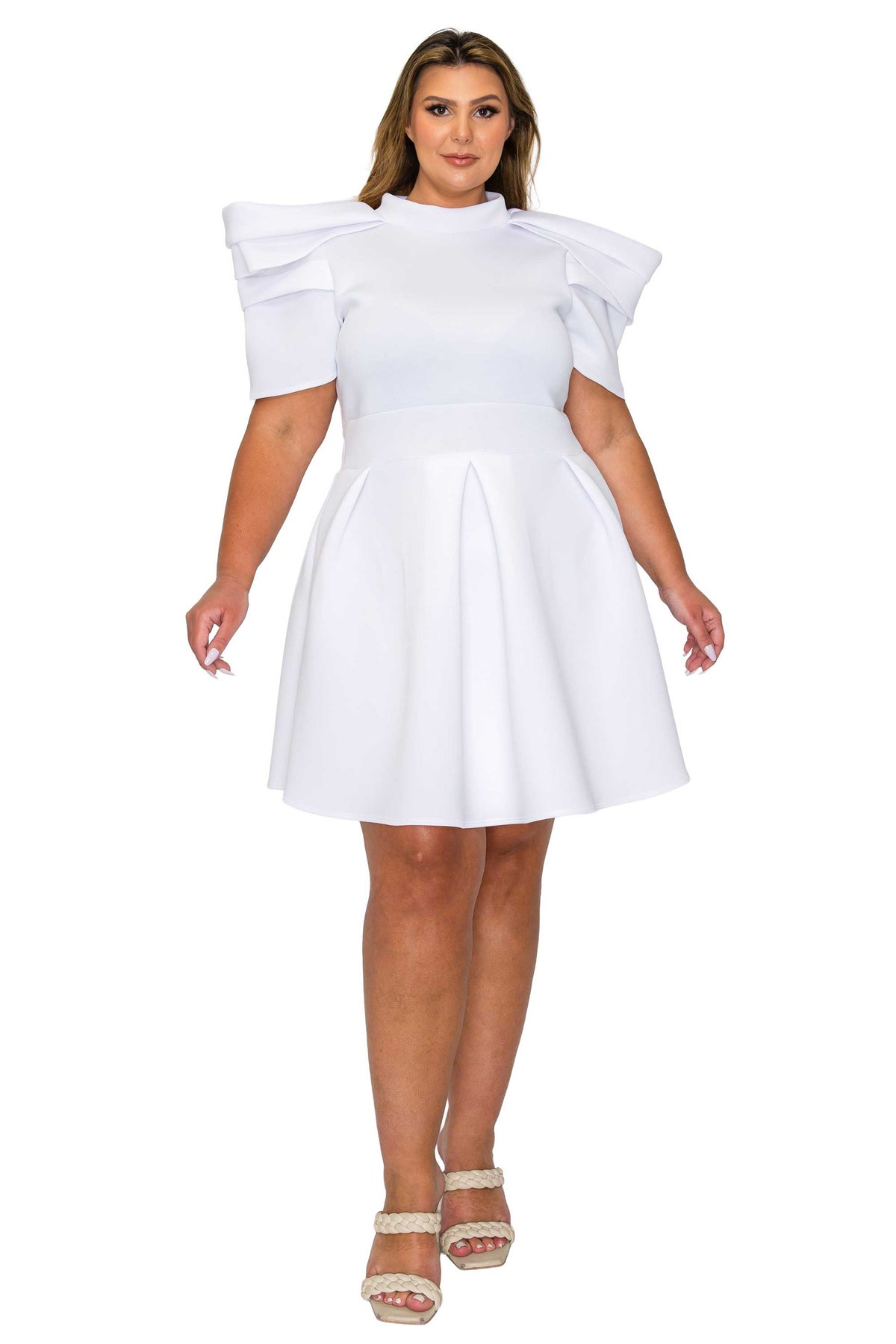 white color plus size neoprene party dress. statement shoulders short flare hem. front view