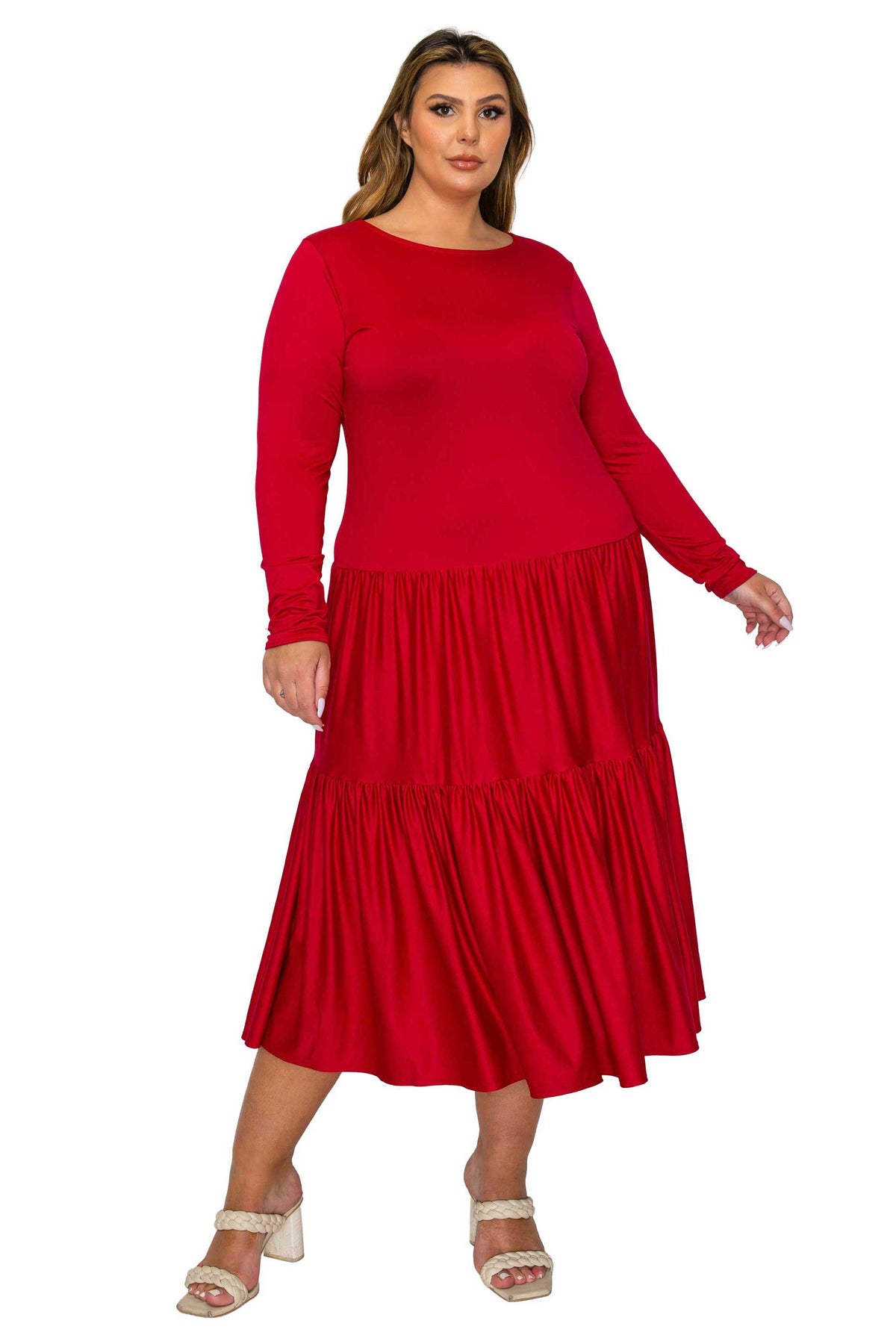 red color a line dress with short sleeves and double tiered hem midi length, front view