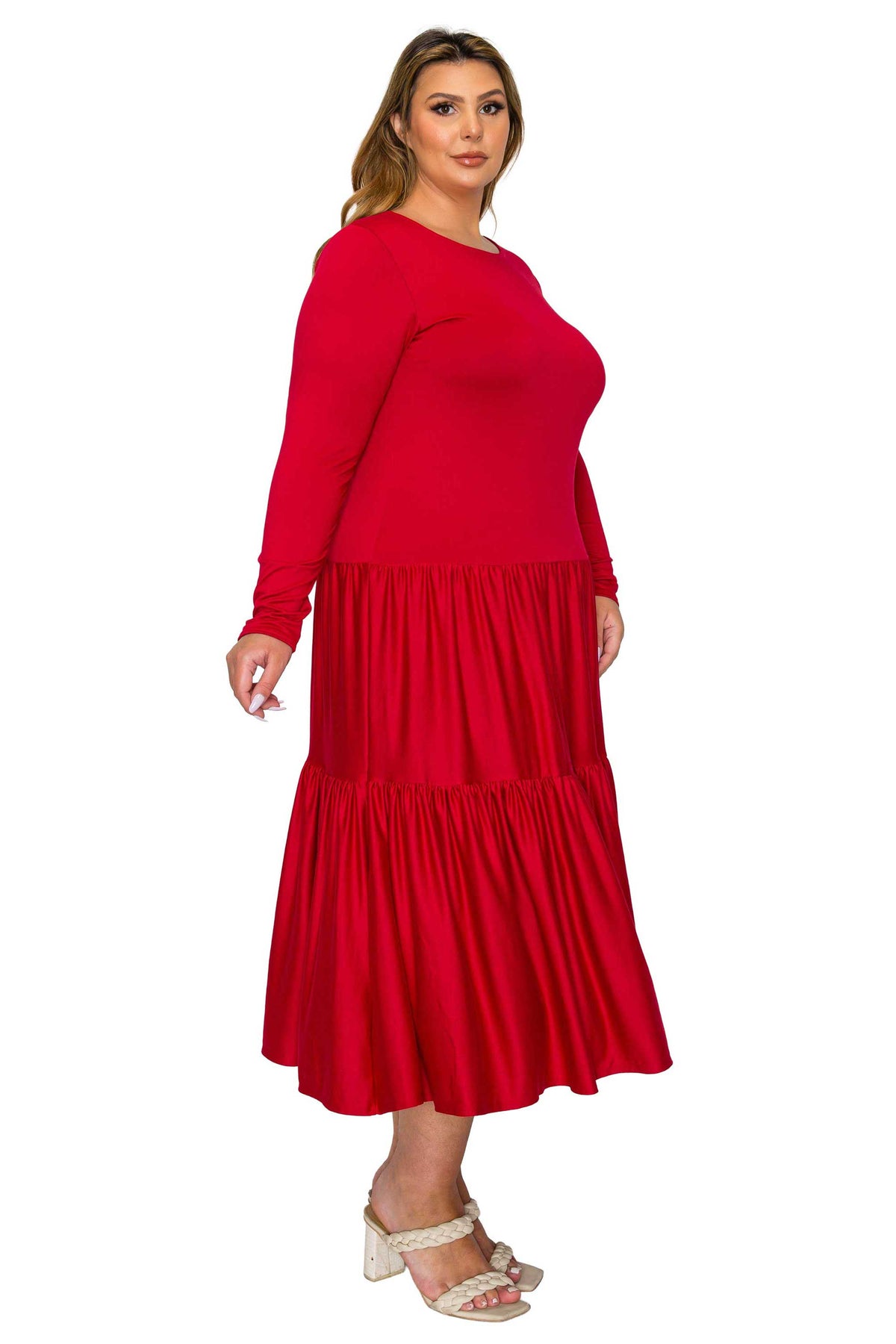 red color a line dress with short sleeves and double tiered hem midi length, side view