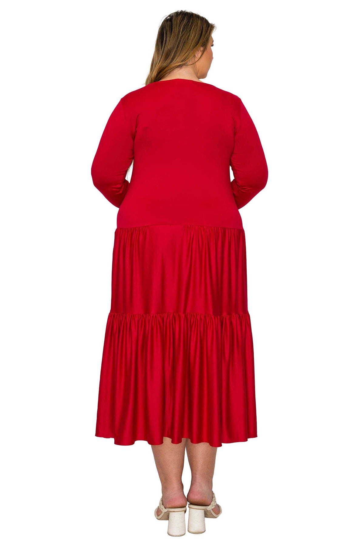 red color a line dress with short sleeves and double tiered hem midi length, back view