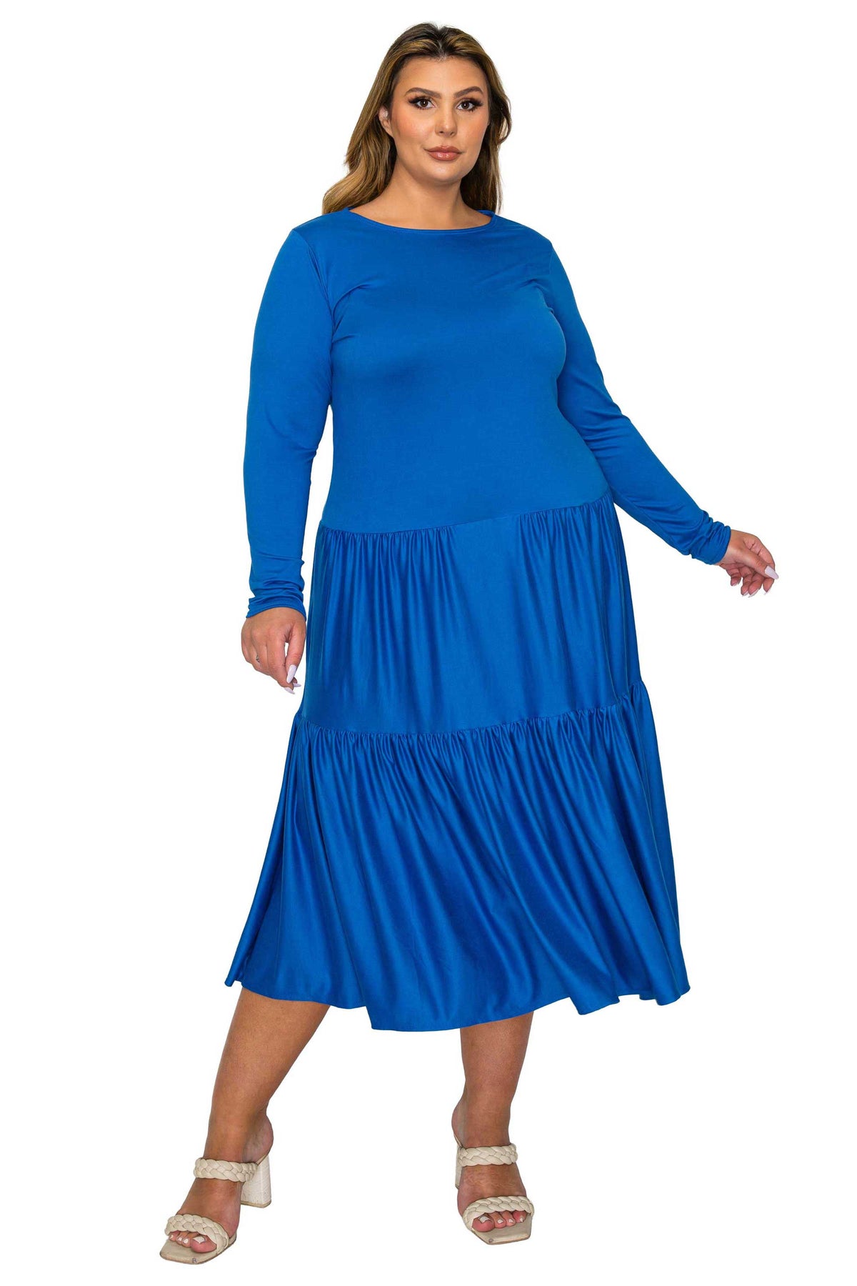 royal blue color a line dress with short sleeves and double tiered hem midi length, front view