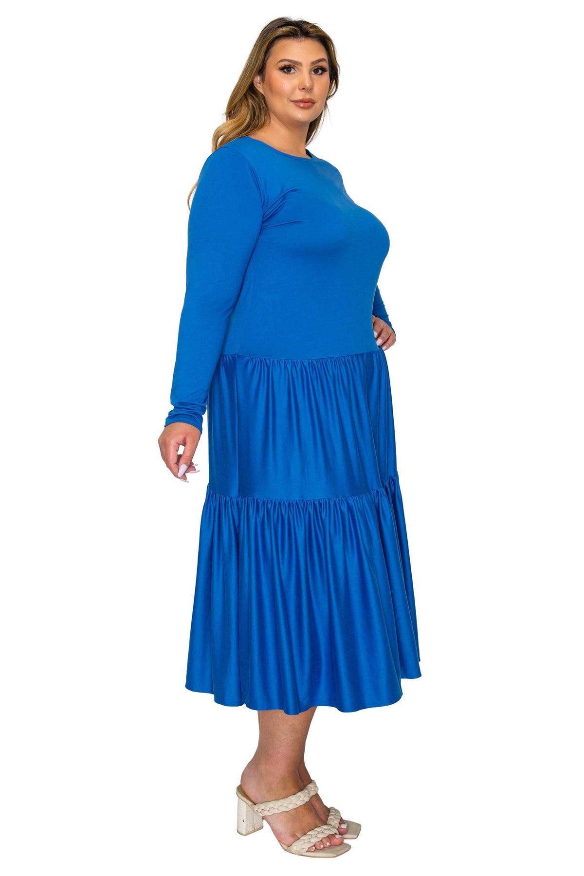royal blue color a line dress with short sleeves and double tiered hem midi length, side view